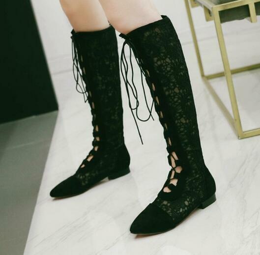 Women’s Roman Gladiator Mesh Lace Up Knee High Boots Flats Shoes Sandals