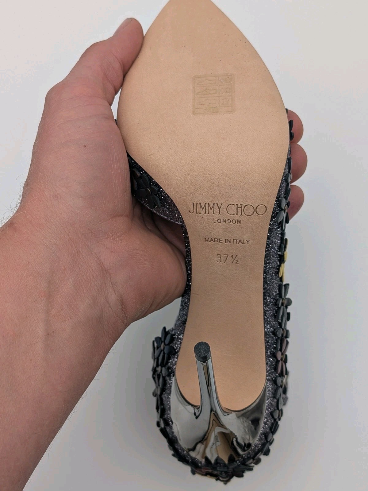 Wms Jimmy Choo Lorelai 100 FGW 155 Fine Glitter Leather Heels US 7.5 / EU 37.5