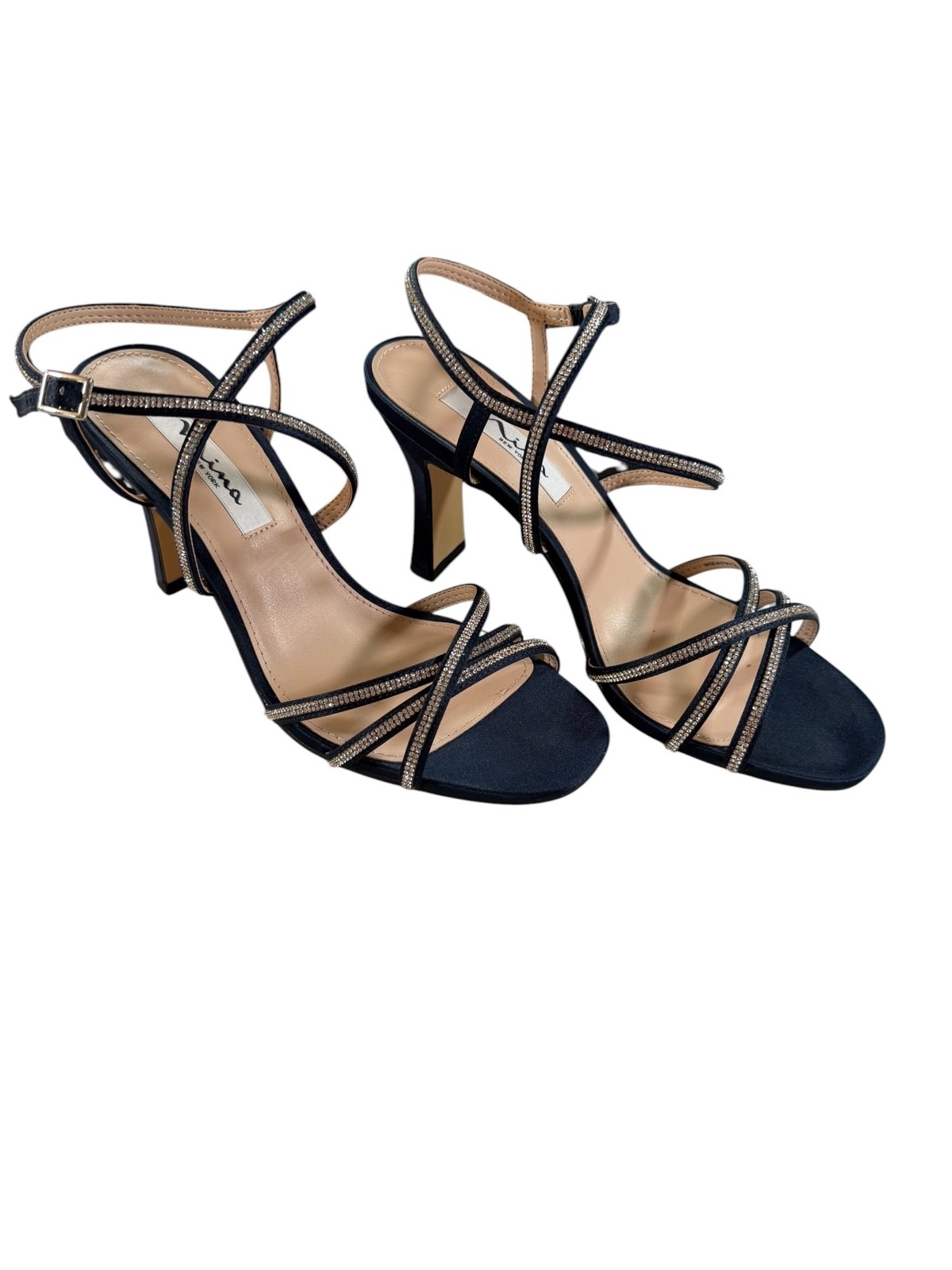 NINA Anna-LS Navy Satin Rhinestone Strappy Heels Women’s size 7M New In Box