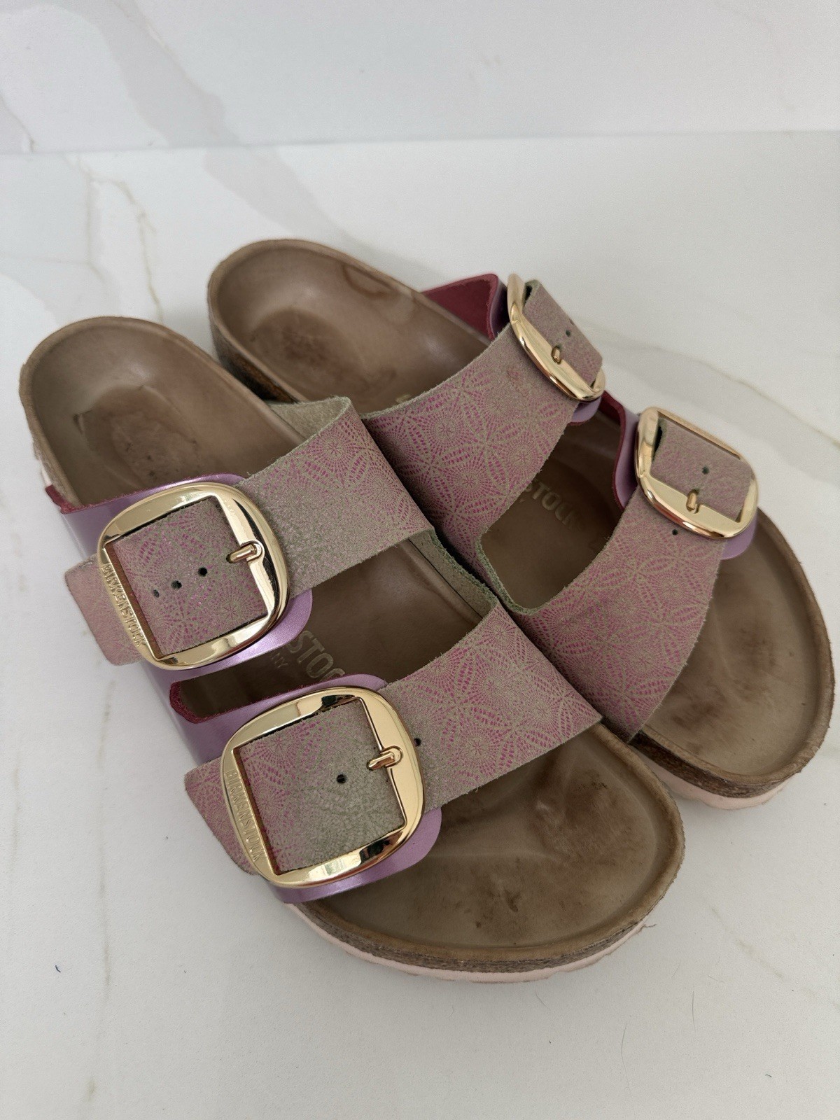 Birkenstock Arizona Leather Big Buckle Pink Ceramic With Gold Metallic 42 11 R
