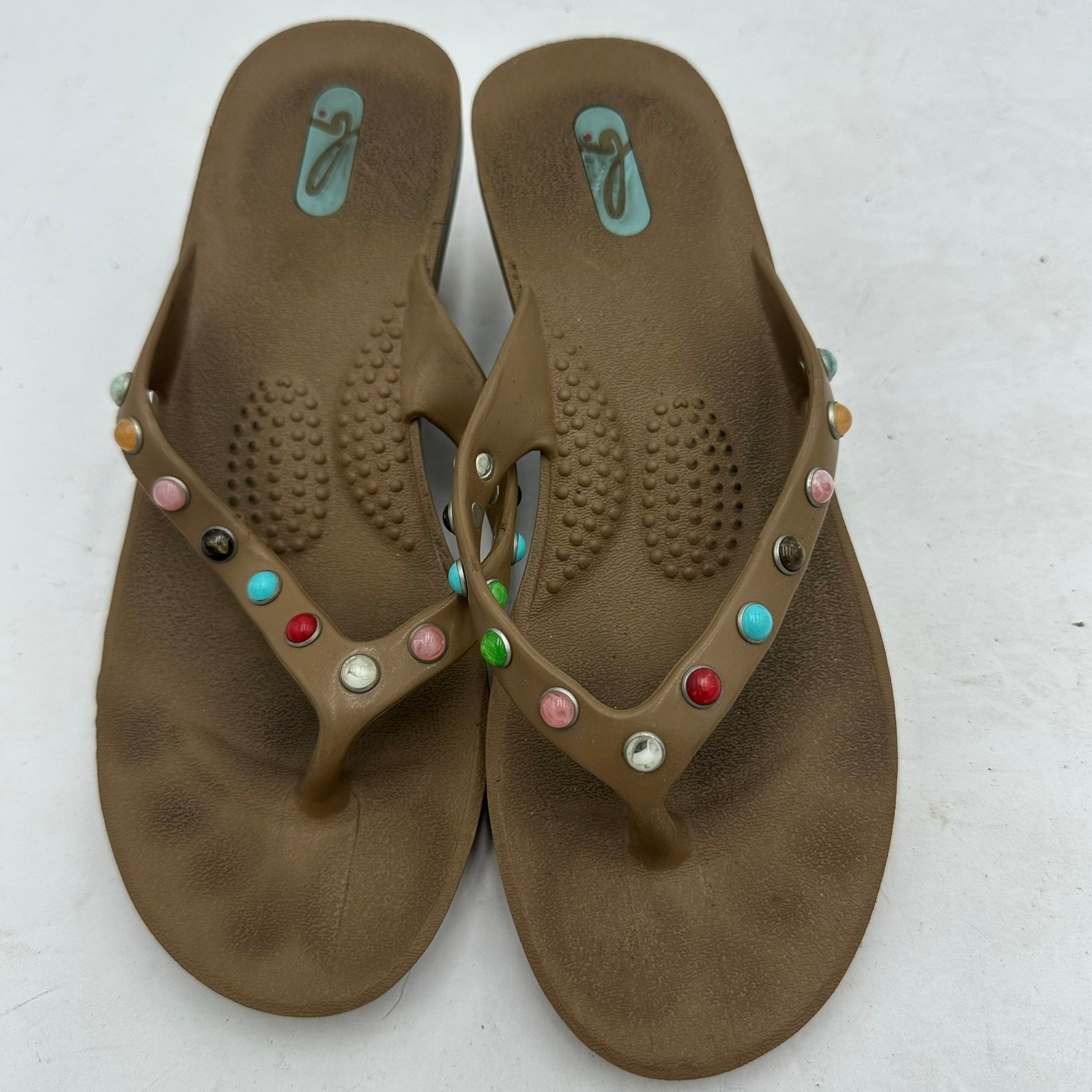 Oka B Womens Brown Studded Wedge Flip Flop Sandals Size S Made in USA 25036