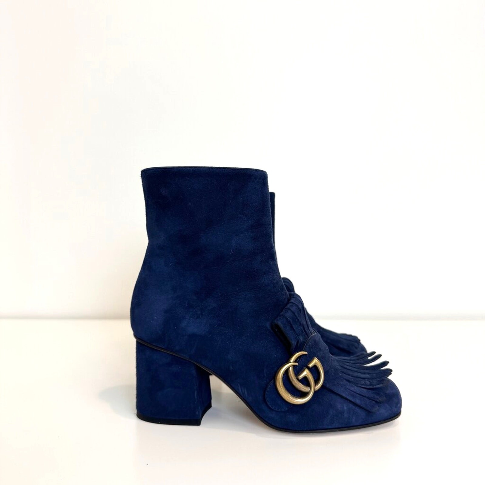 Gucci Blue Suede GG Marmont Ankle Boots with Fringe Detail 36