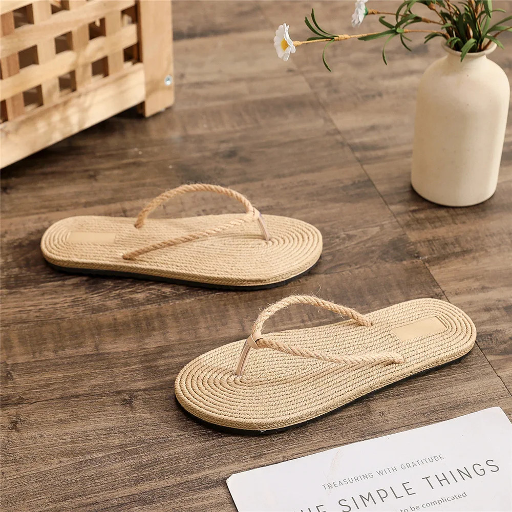 2025 Women Indoor Floor Flat Shoes Linen Flip Flops Home Slippers Female Slipper