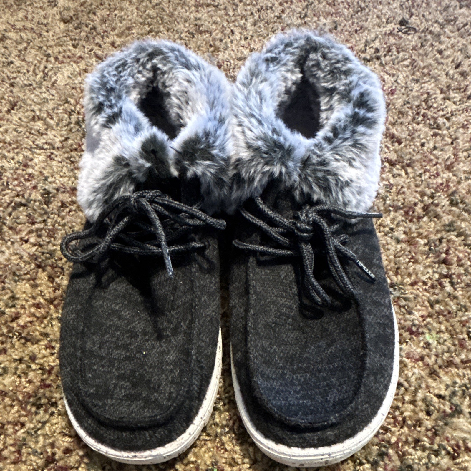 Hey dude Women’s Bootie Slippers Faux Fur Lined Lace-Up Black/Gray US 8 EU 39