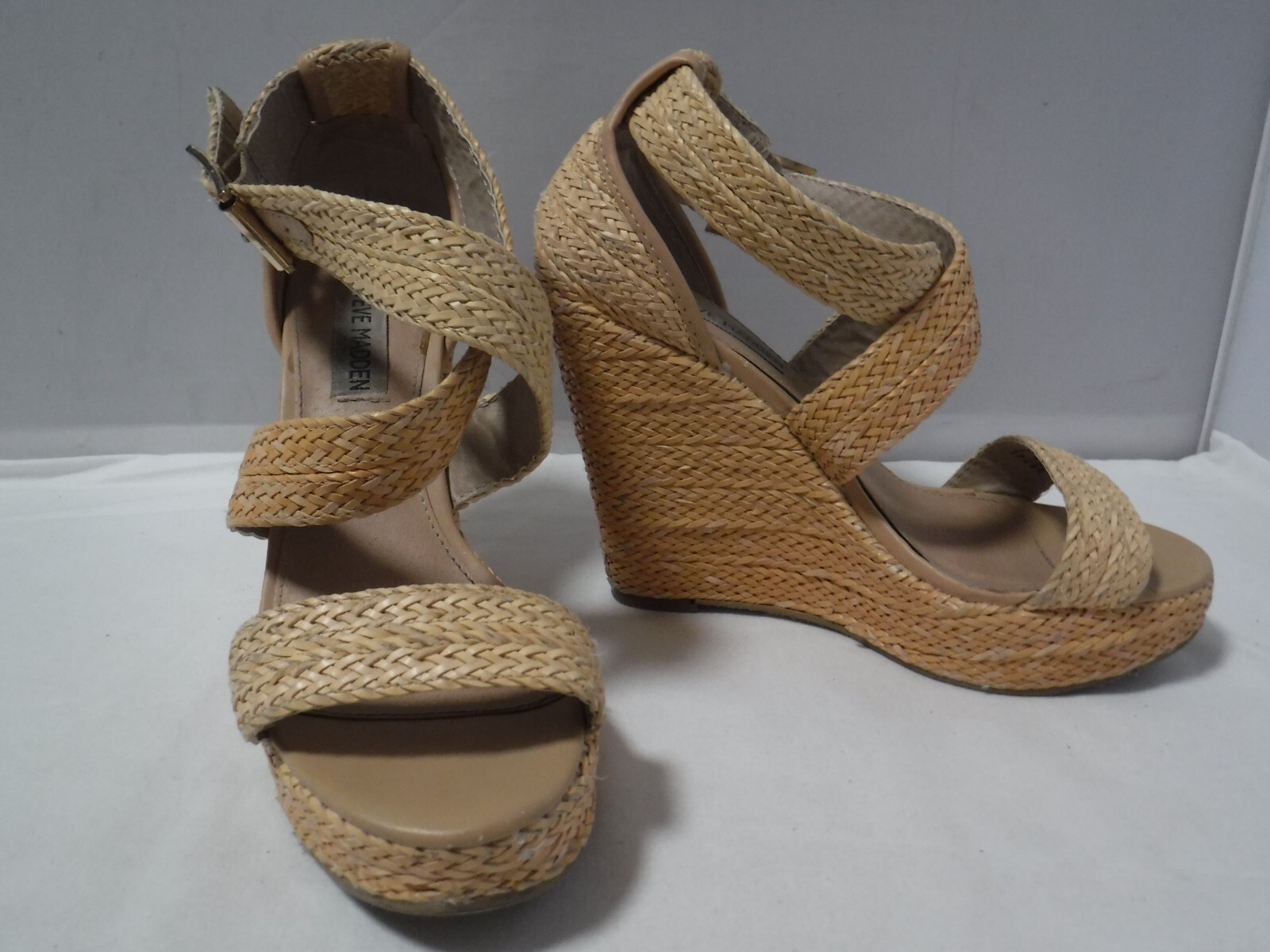 PF2 VTG Women’s STEVE MADDEN Natural Straw Chunky Platform Strappy Heel Sandals