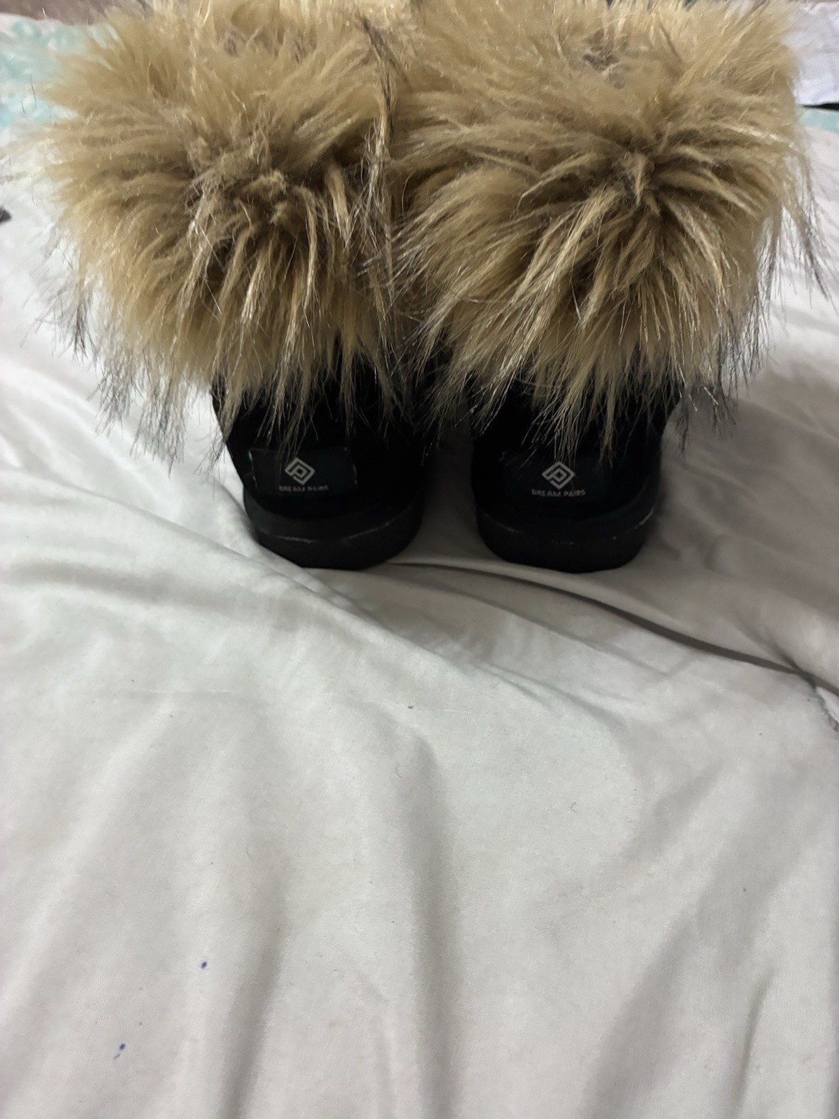 DREAM PAIRS Women’s Ankle Bootie Black/Beige Faux Fur Trim Round Toe Flat US 5