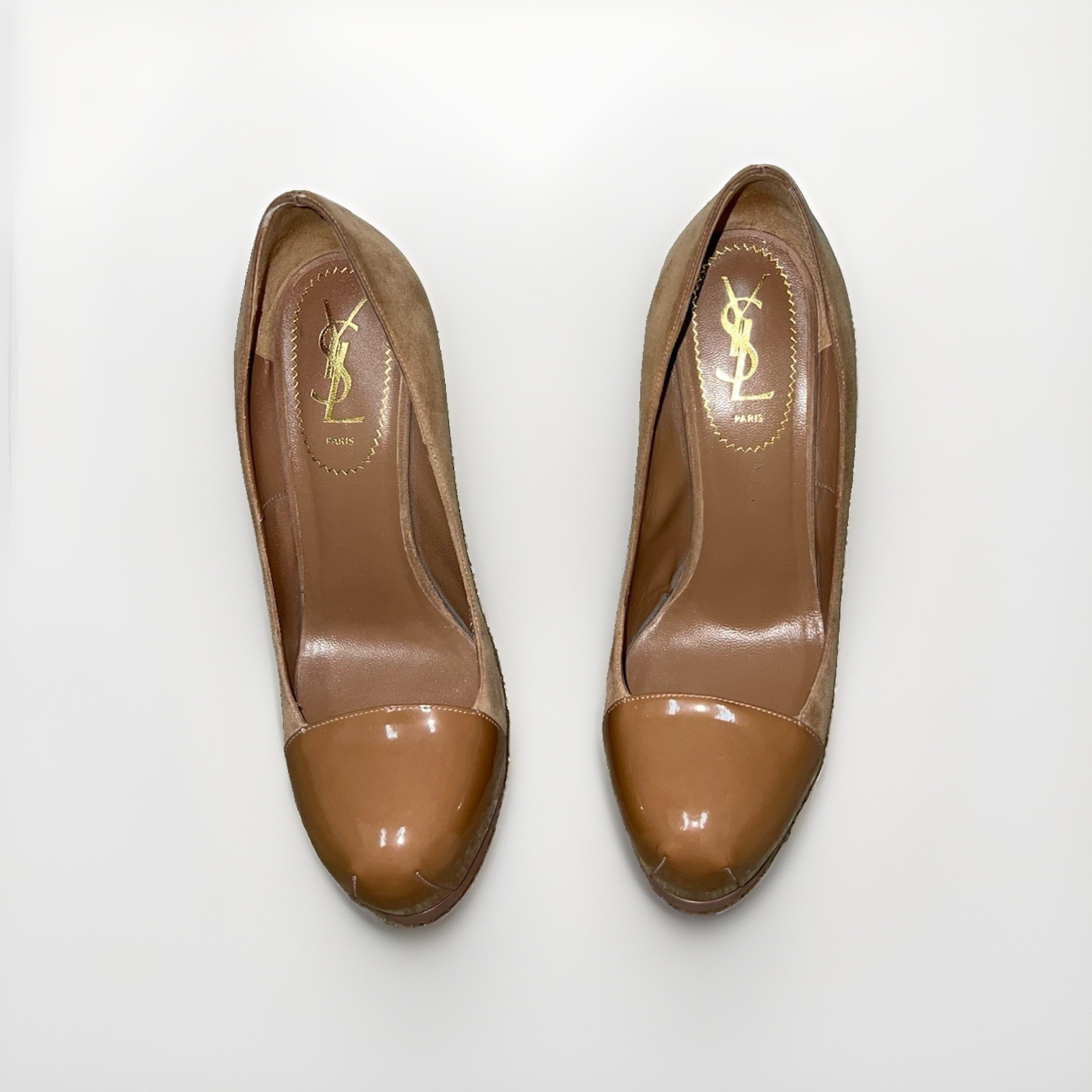 YSL Saint Laurent Tribtoo Pumps Beige Suede Patent Cap Toe Sz 37.5 No Box