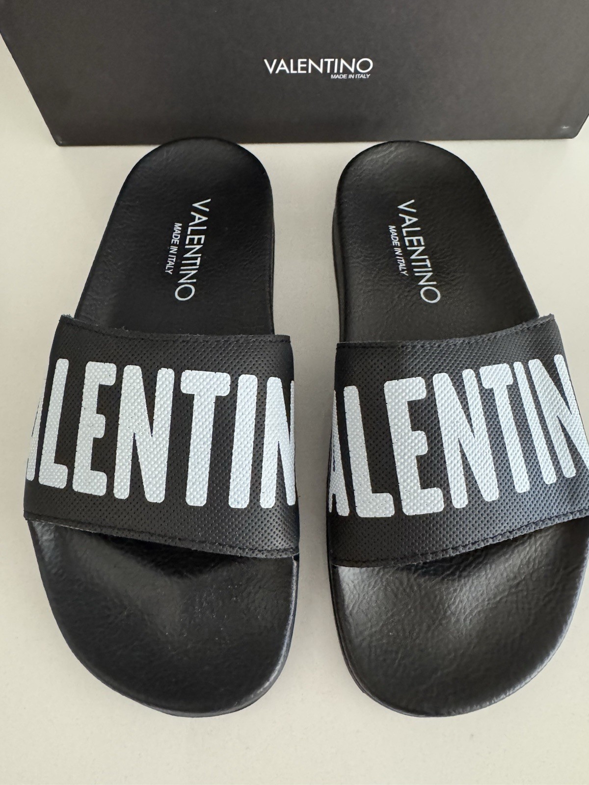 VALENTINO Black Stripe Contrast Irene Slip On Slide Sandal Designer MP$300 Sz 7