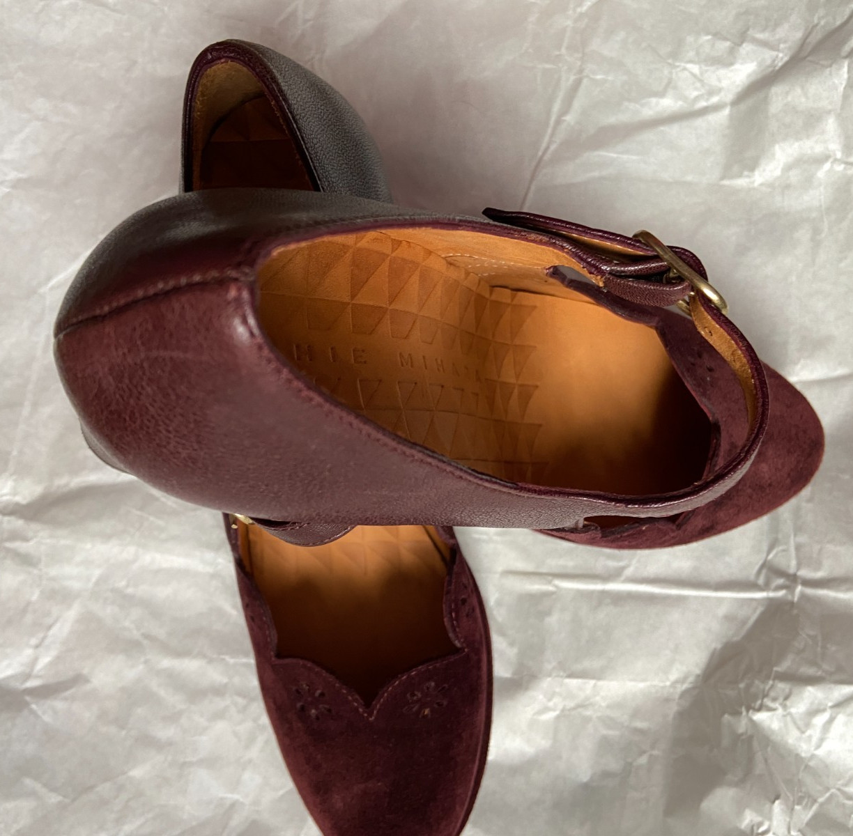 CHIE MIHARA VINTAGE SHOES SUEDE LEATHER IN BURGUNDY SCALLOPED FRONT 37 SPAIN