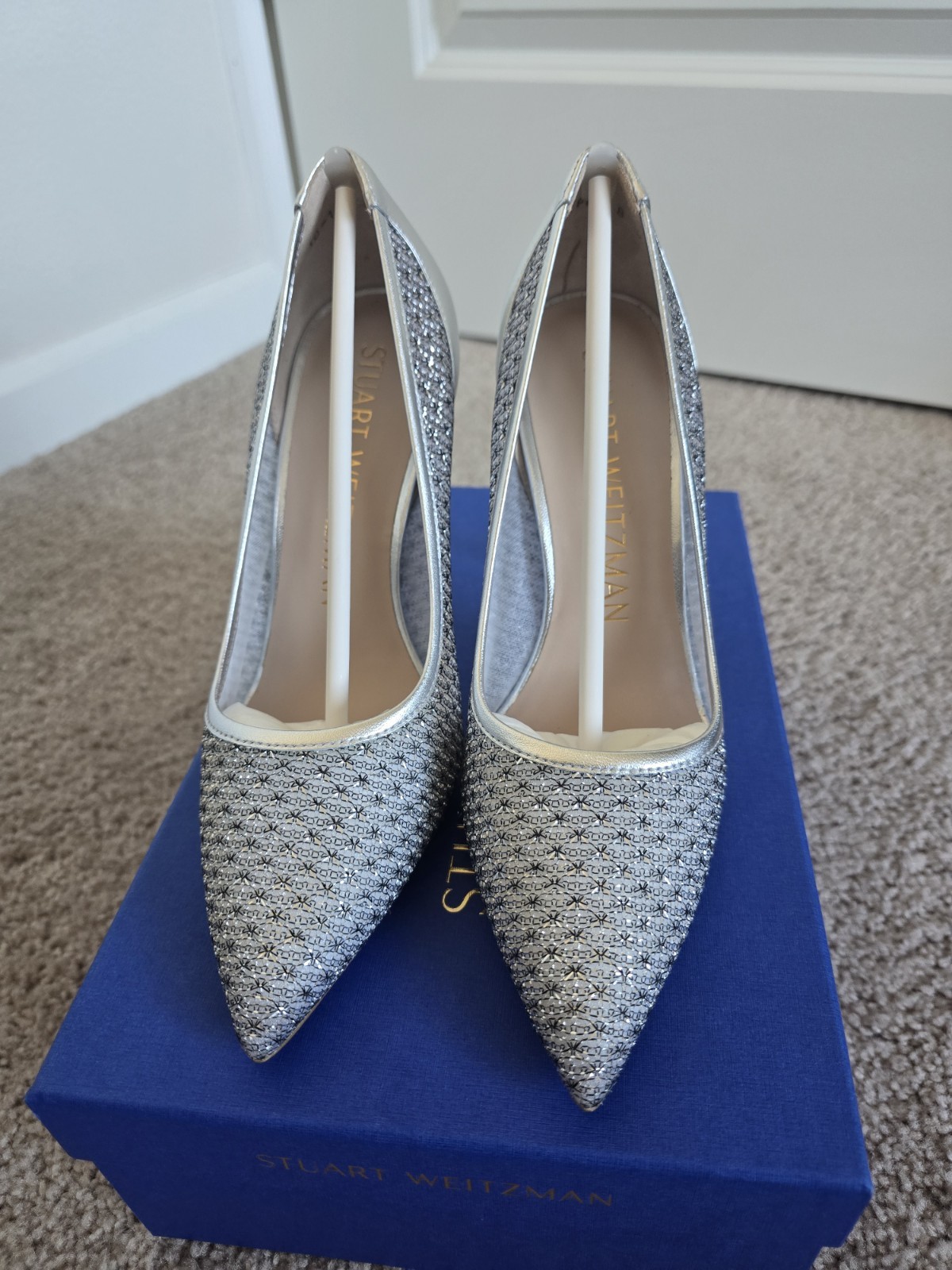 Stuart Weitzman Silver Mesh Glitter Pointed Toe Stiletto Pumps Women 8 B