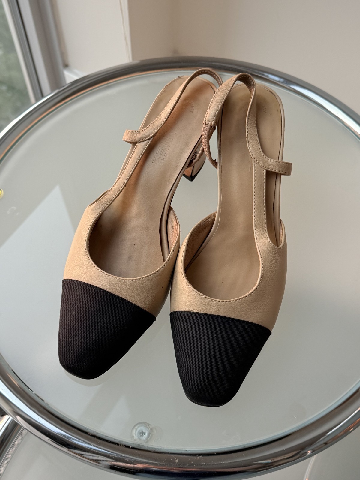 Chanel Leather Slingback Shoes Flats Heels Size EU37 Beige/Black