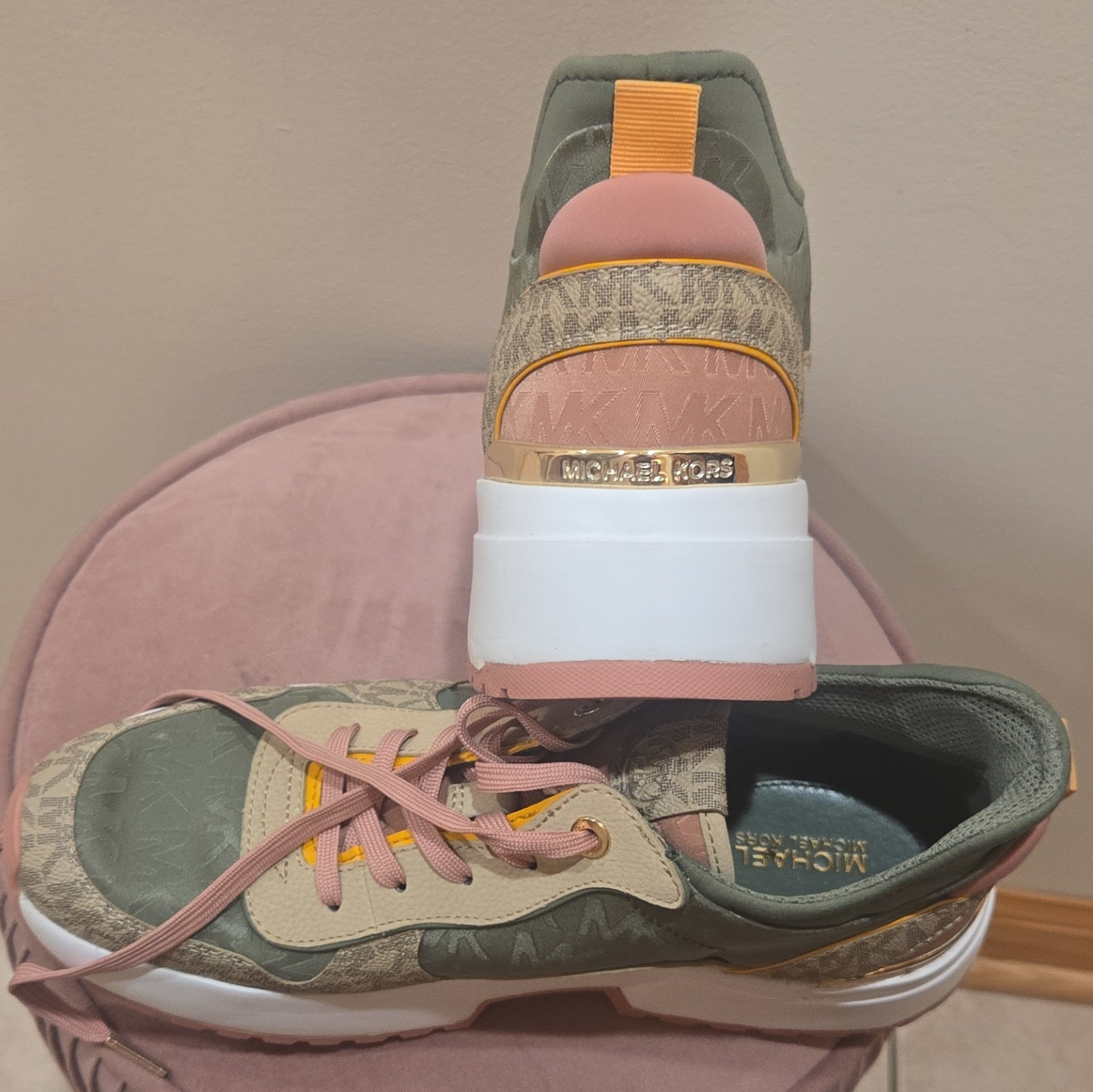 Michael Kors Women’s Low Top Logo Lace-Up Athletic Sneakers Green Pink Beige