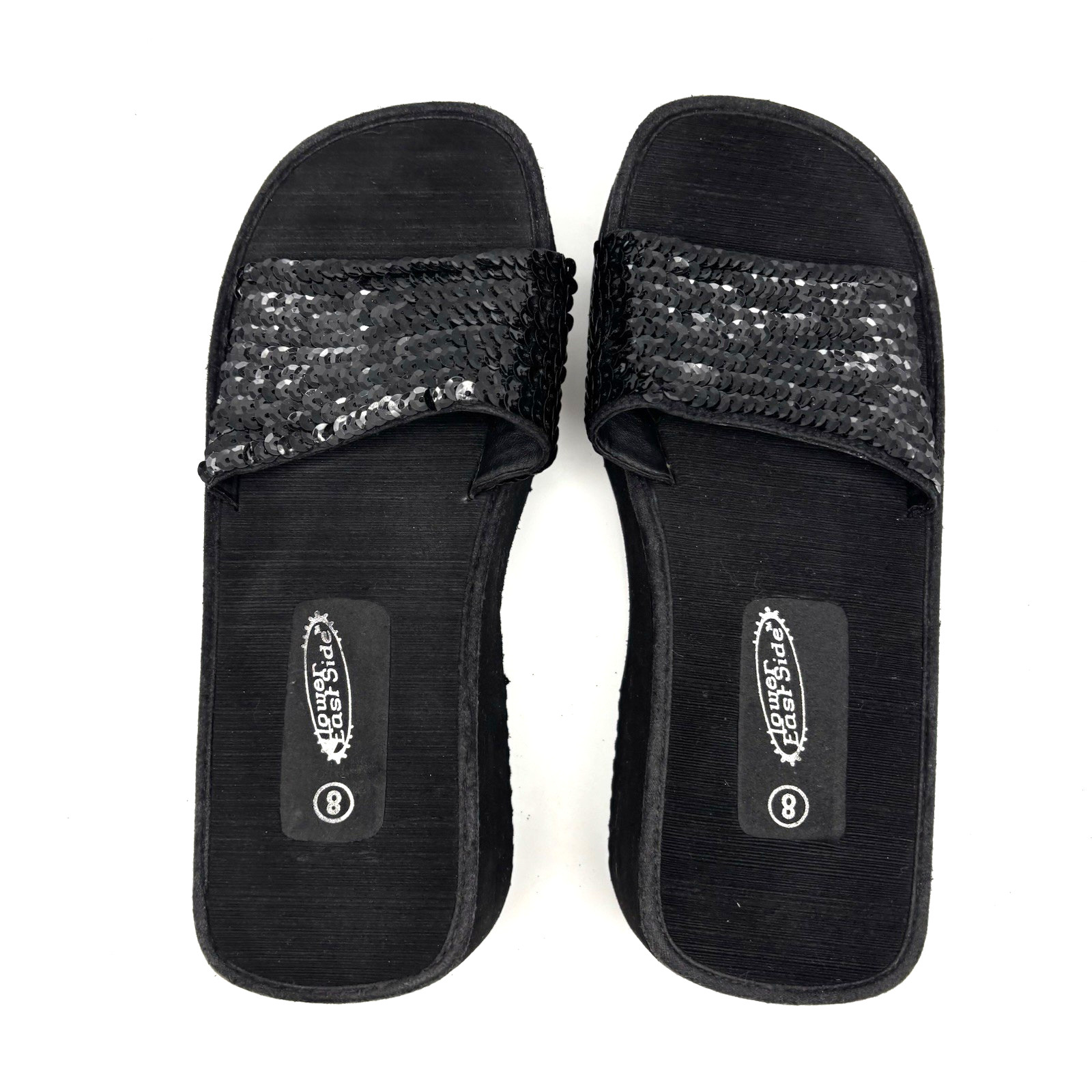 Vintage 90s Y2K Lower East Side 10706 Black Platform Sequin Strap Slide Sandal 8