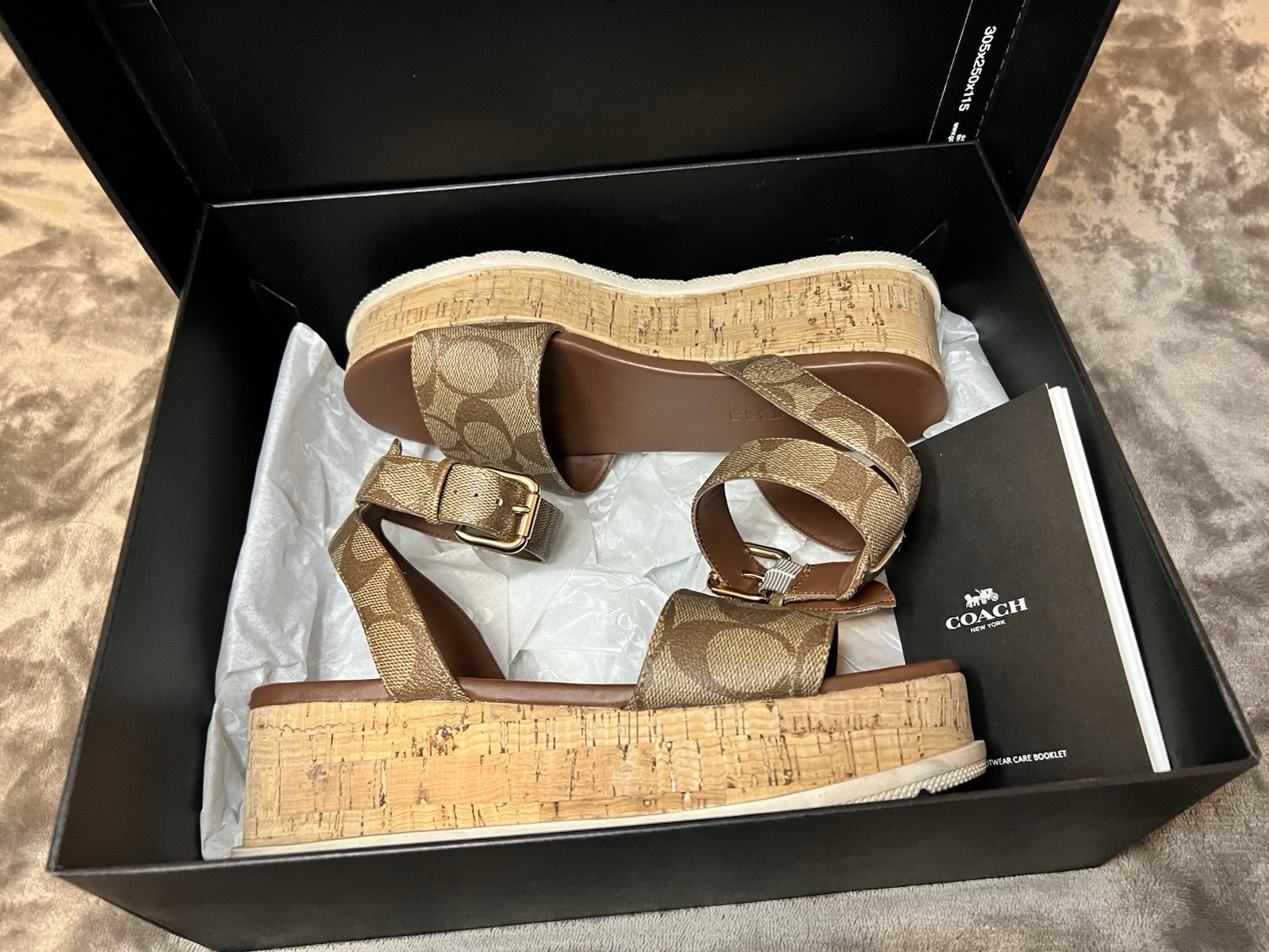 Coach Signature Logo Leather Wedge Sandals Ankle Strap Buckle Beige Brown 6
