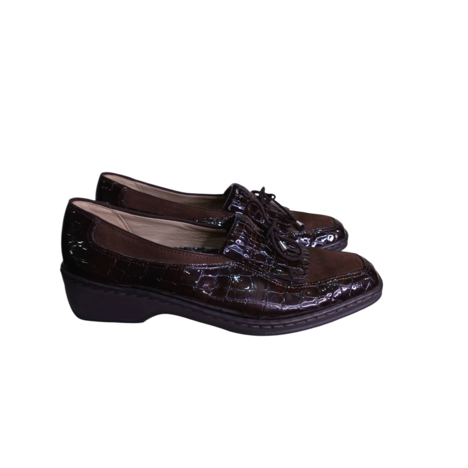 Ara Womens Brown Croc Embossed Patent Leather Suede Tassel Kiltie Loafers