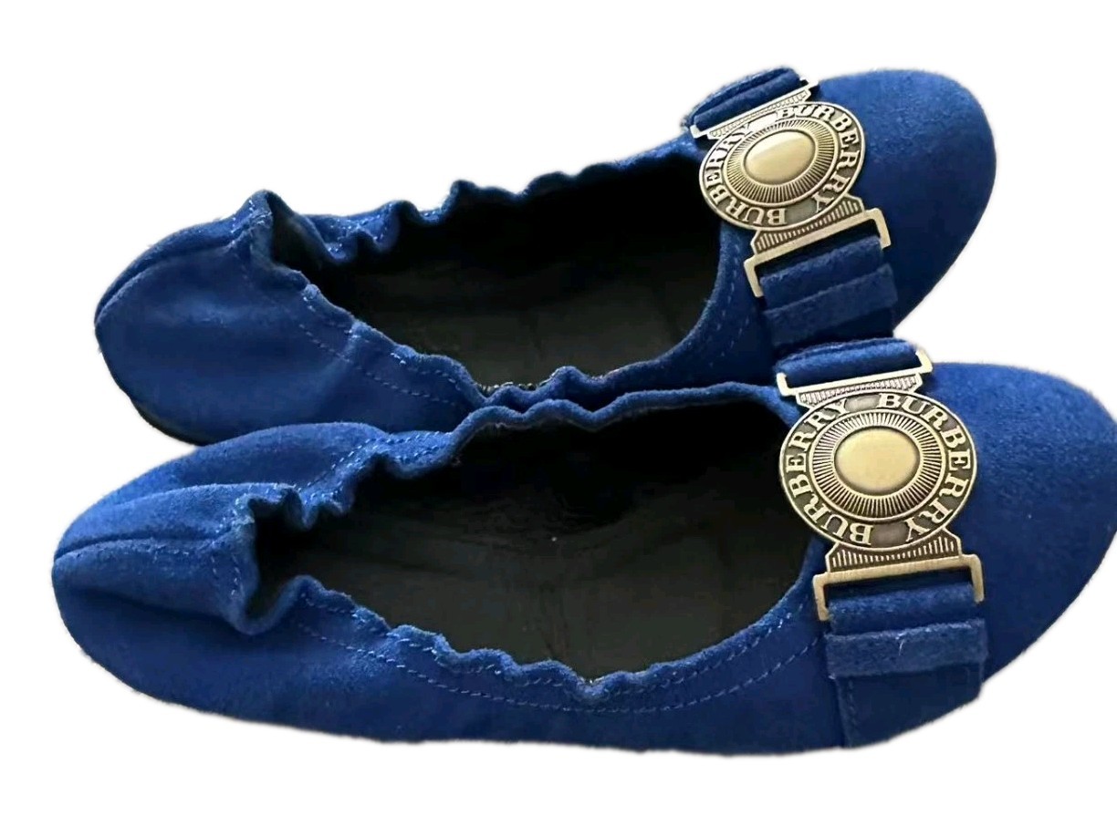 Burberry Blue Suede Ballet Flats Gold Logo Plaque Elastic Slip On Shoes 38