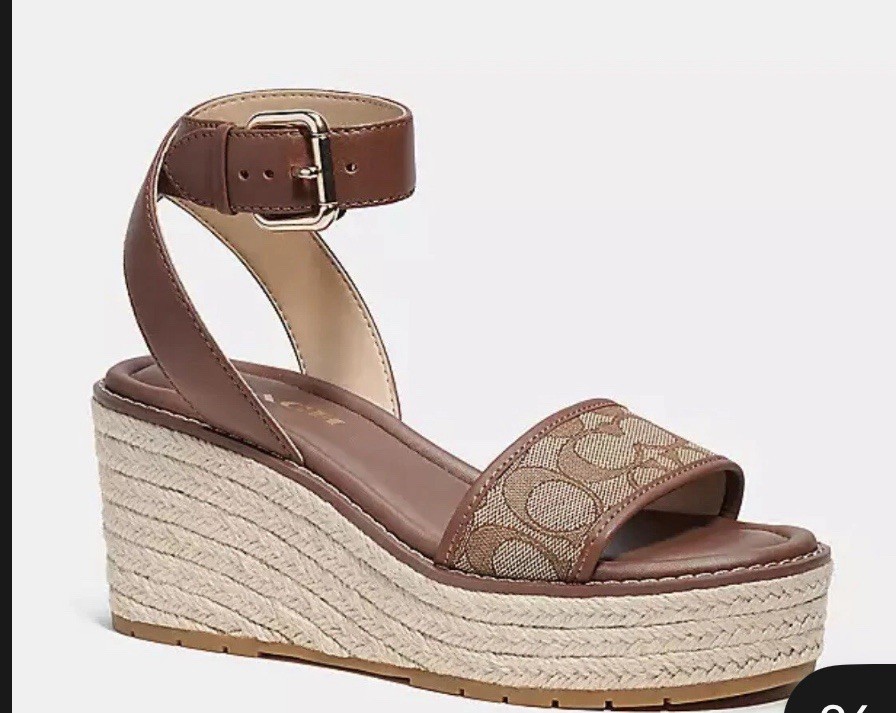 Coach Brown/Beige Logo Leather Wedge Sandals Ankle Strap Buckle Women 8.5