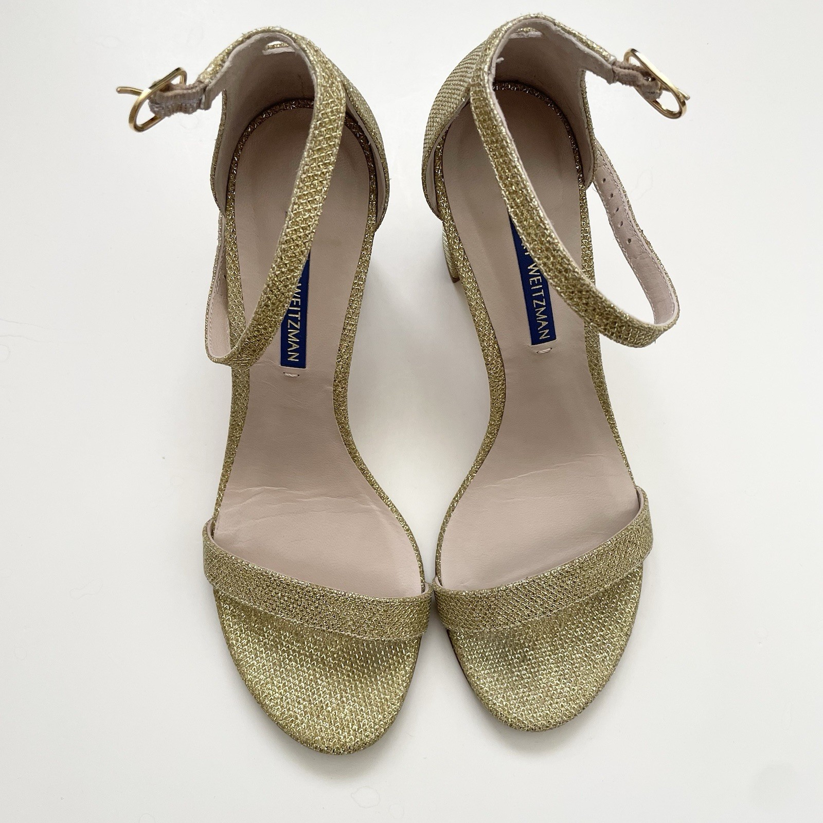 Stuart Weitzman Nearlynude Block Heel Sandal in Gold Glitter Lame Fabric 6.5
