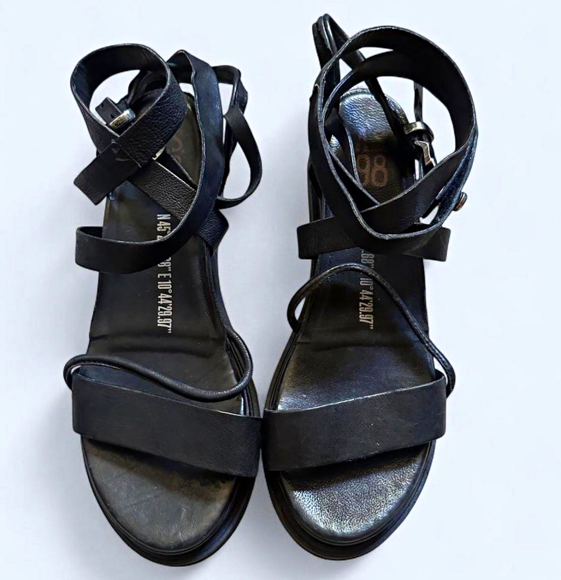 A.S.98 Black Leather Strappy Ankle Strap Buckle Sandals Women US 10 EU 42