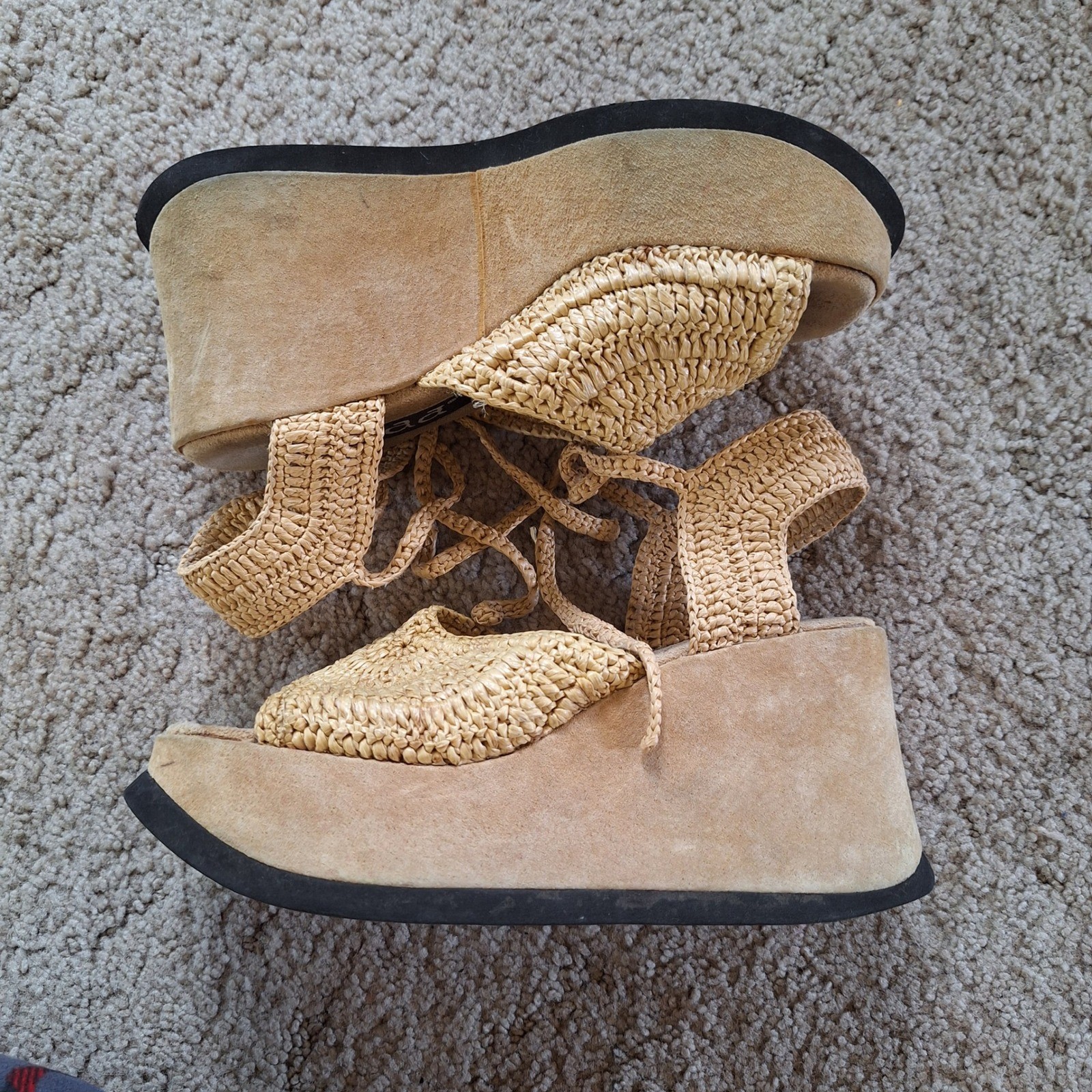 Mudd Vintage Y2K Crochet Platform Sandals Ankle Strap Straw Raffia Boho READ
