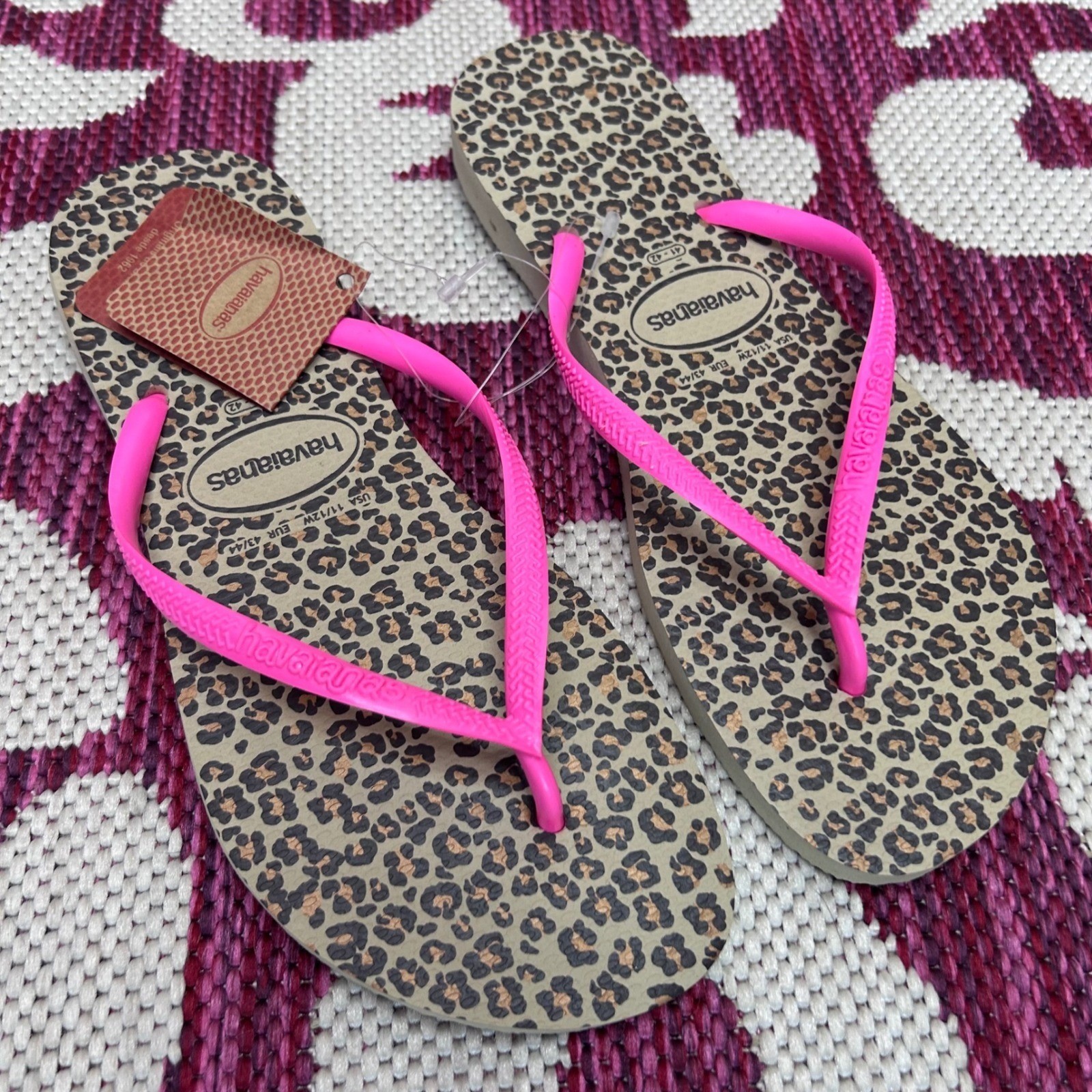 Havaianas Slim Leopard Flip Flops Neon Pink Straps Womens 11/12 41/42 New