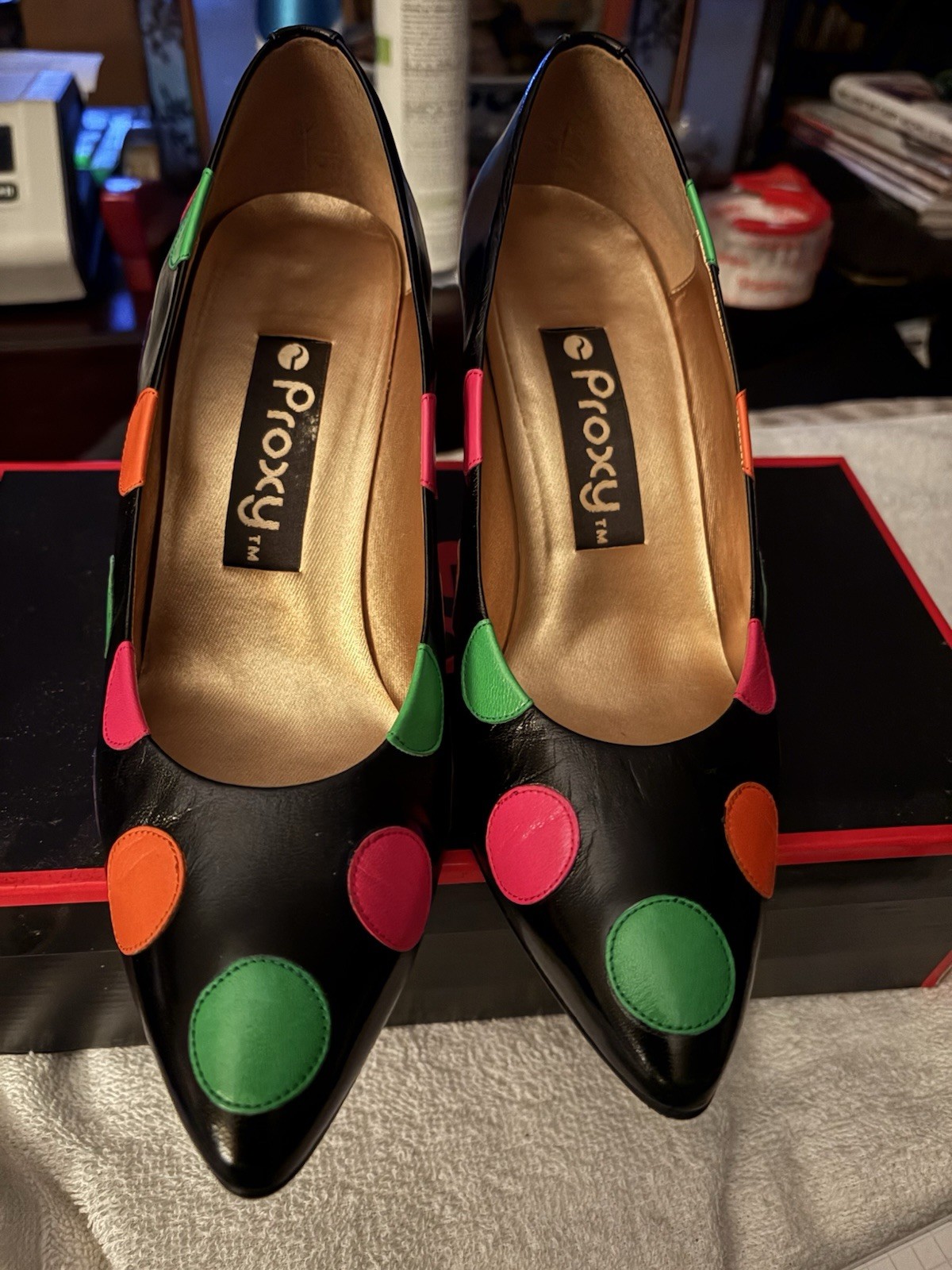 Vintage Proxy Black Multi Color Dots Pumps 2.5 Heels Size 8.5 Medium In Box