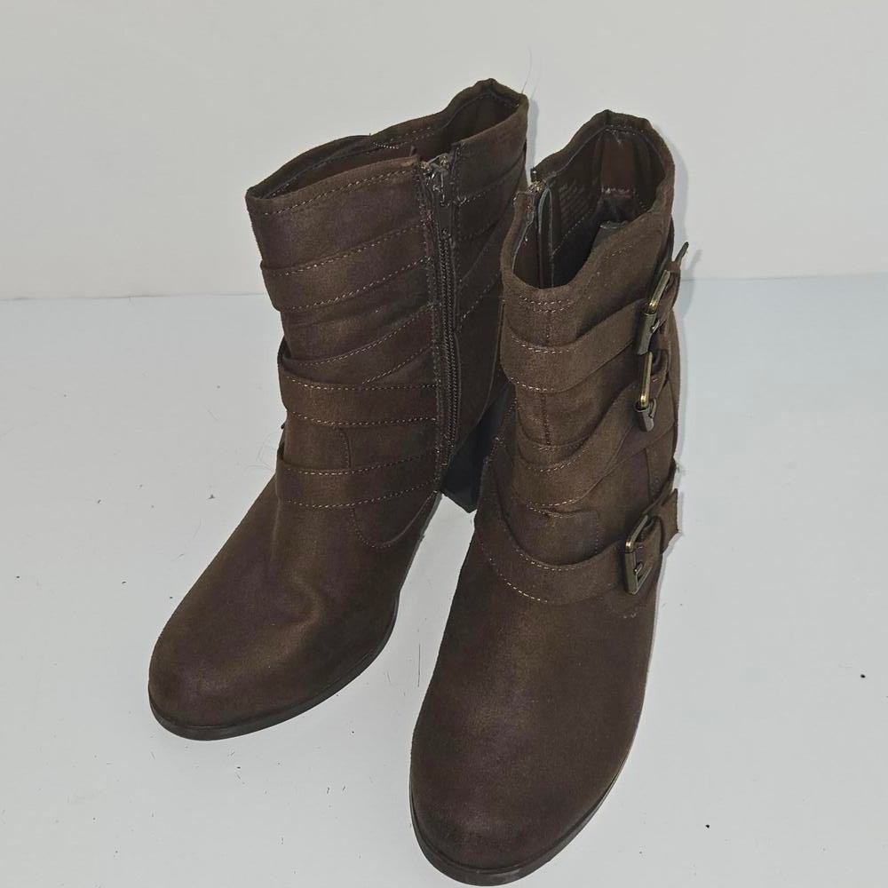PRICE DROP JustFab Binnae High Heeled Bootie Brown Suede Multi-Straps Sz 10