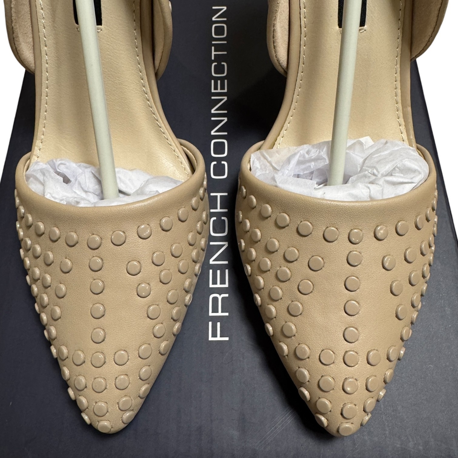 French Connection Studded Pointed Toe D’Orsay Heels 6.5 Nude Cement NEW Vegan