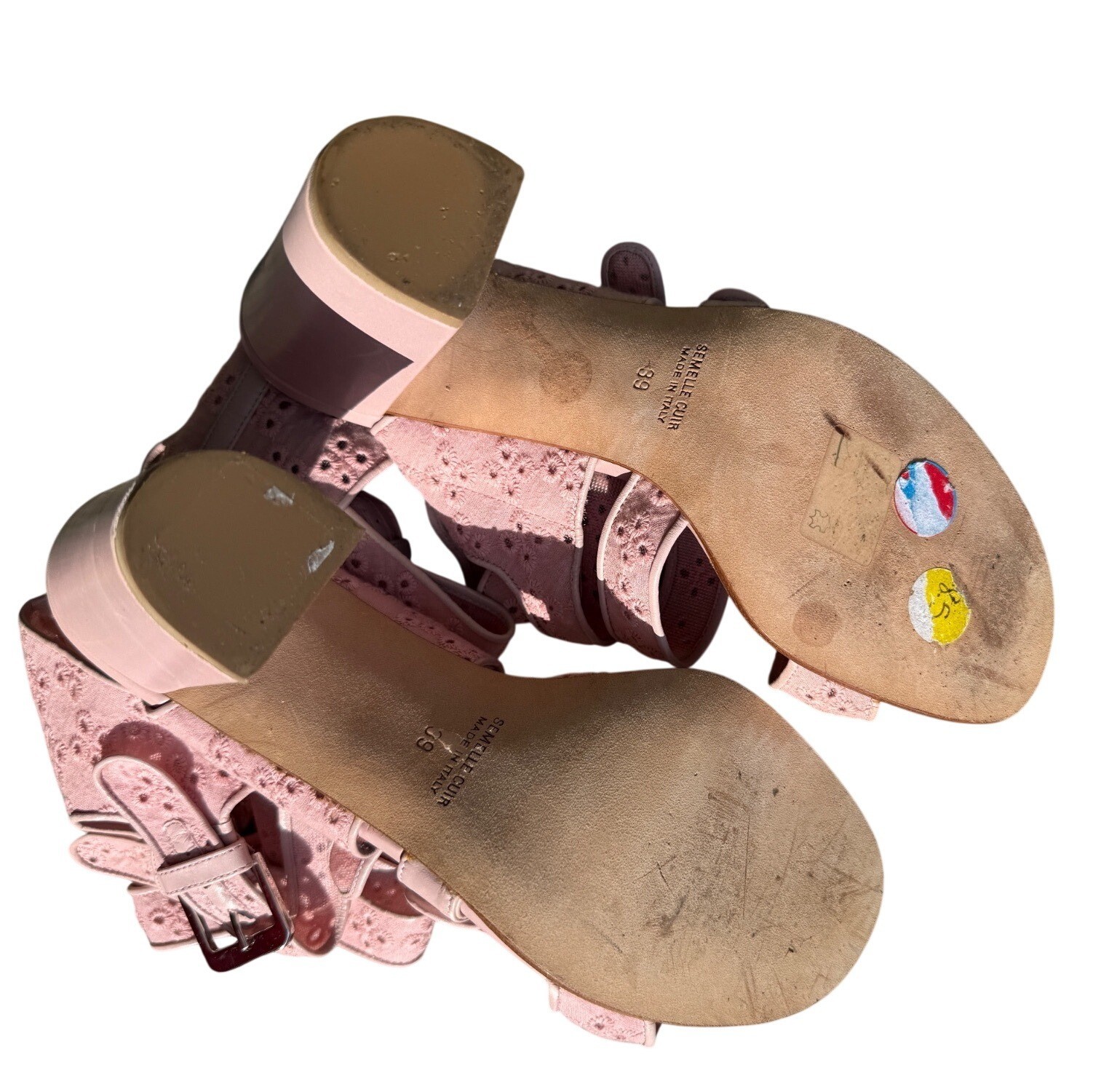 Laurence Dacade Leather Heels Eyelet Buckle Sandals Blush Pink Size 39 W Open To