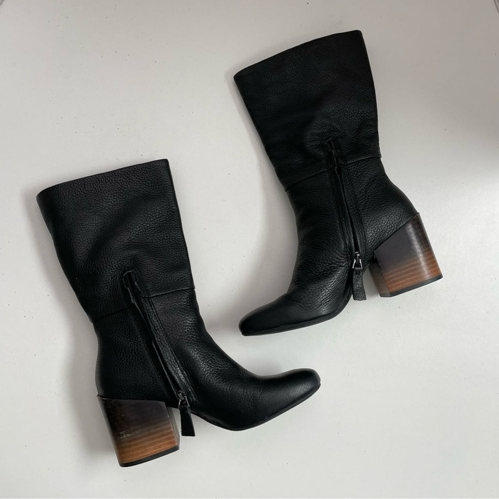Levity Boots Betty Mid Calf Pebbled Soft Leather Stacked Heeled Pull On Black