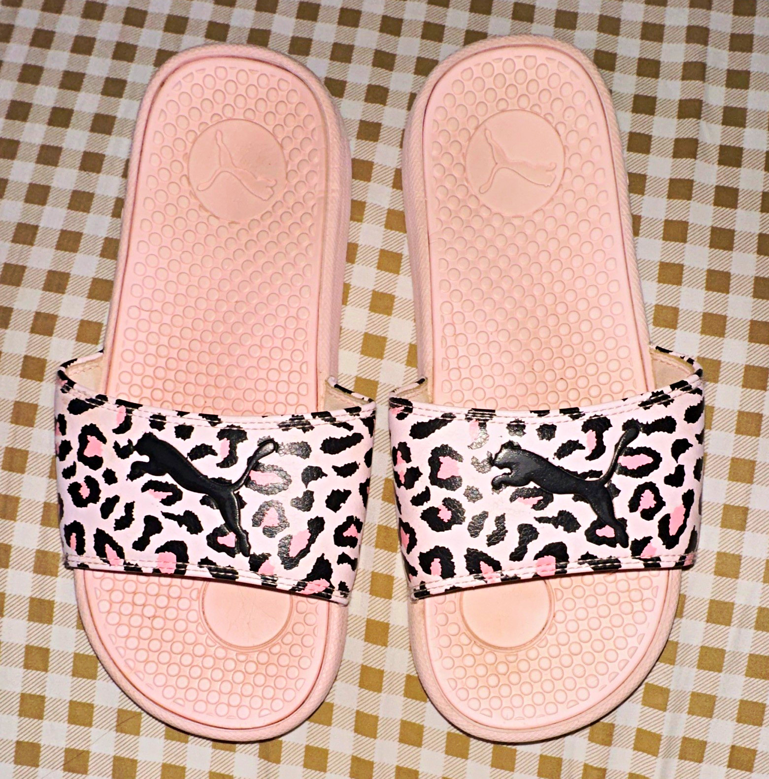 PUMA Womens Slide Sandals Pink/Black/White Leopard Animal Print Logo US 9