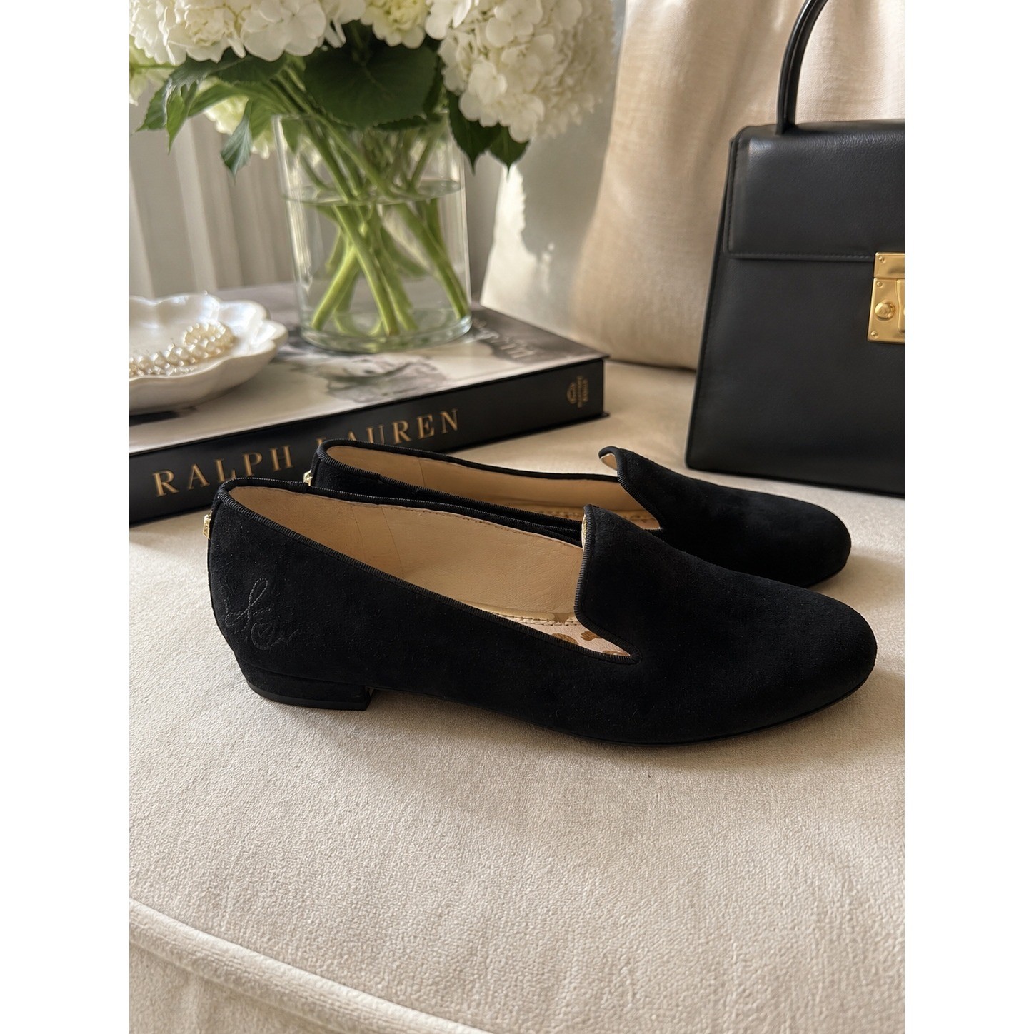 Sam Edelman Black Suede Loafers Smoking Flats Womens 8M Almond Toe Preppy Classy