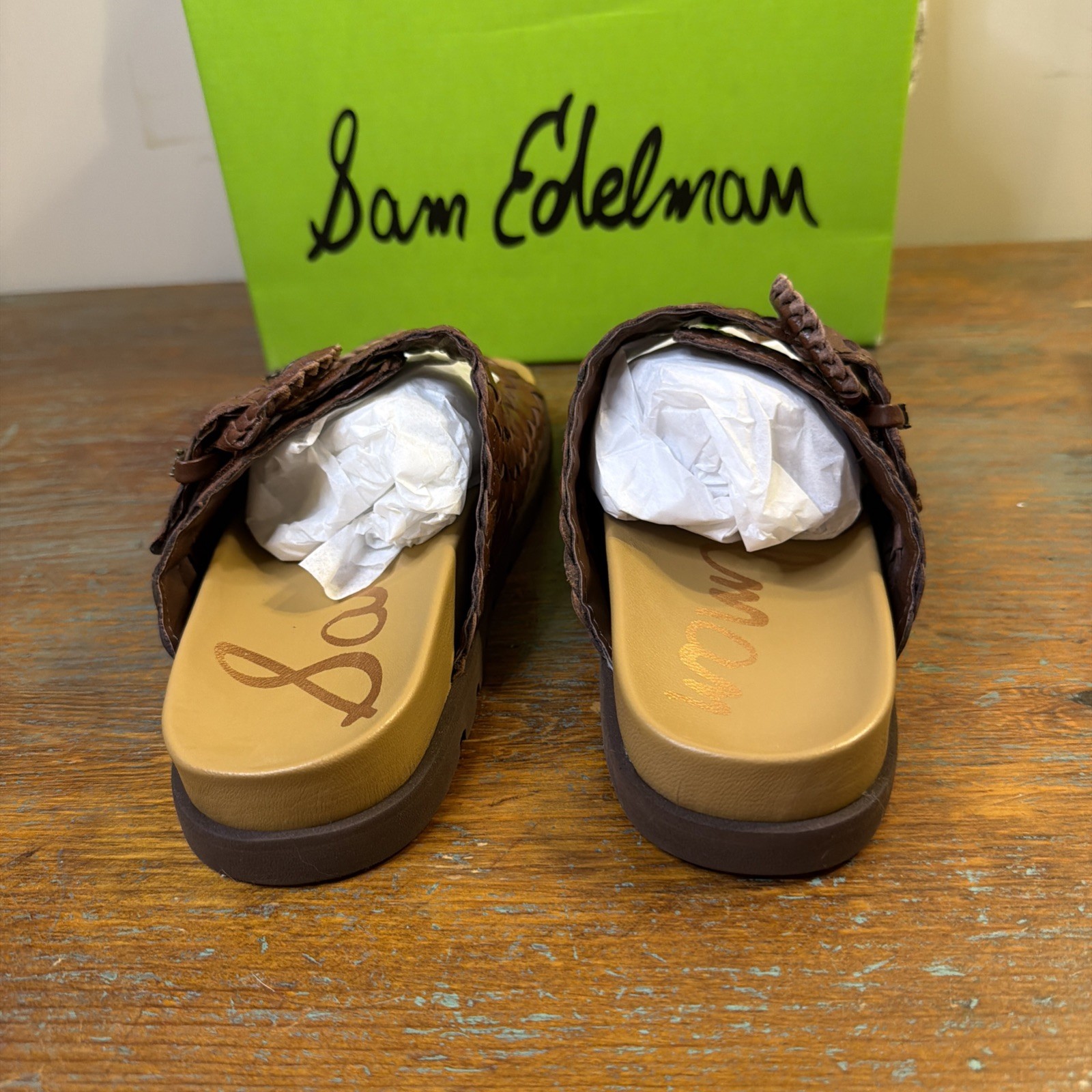 New With Box~ Sam Edelman Tiffanie Woven Leather Slides In Brandy Color. Size 7.