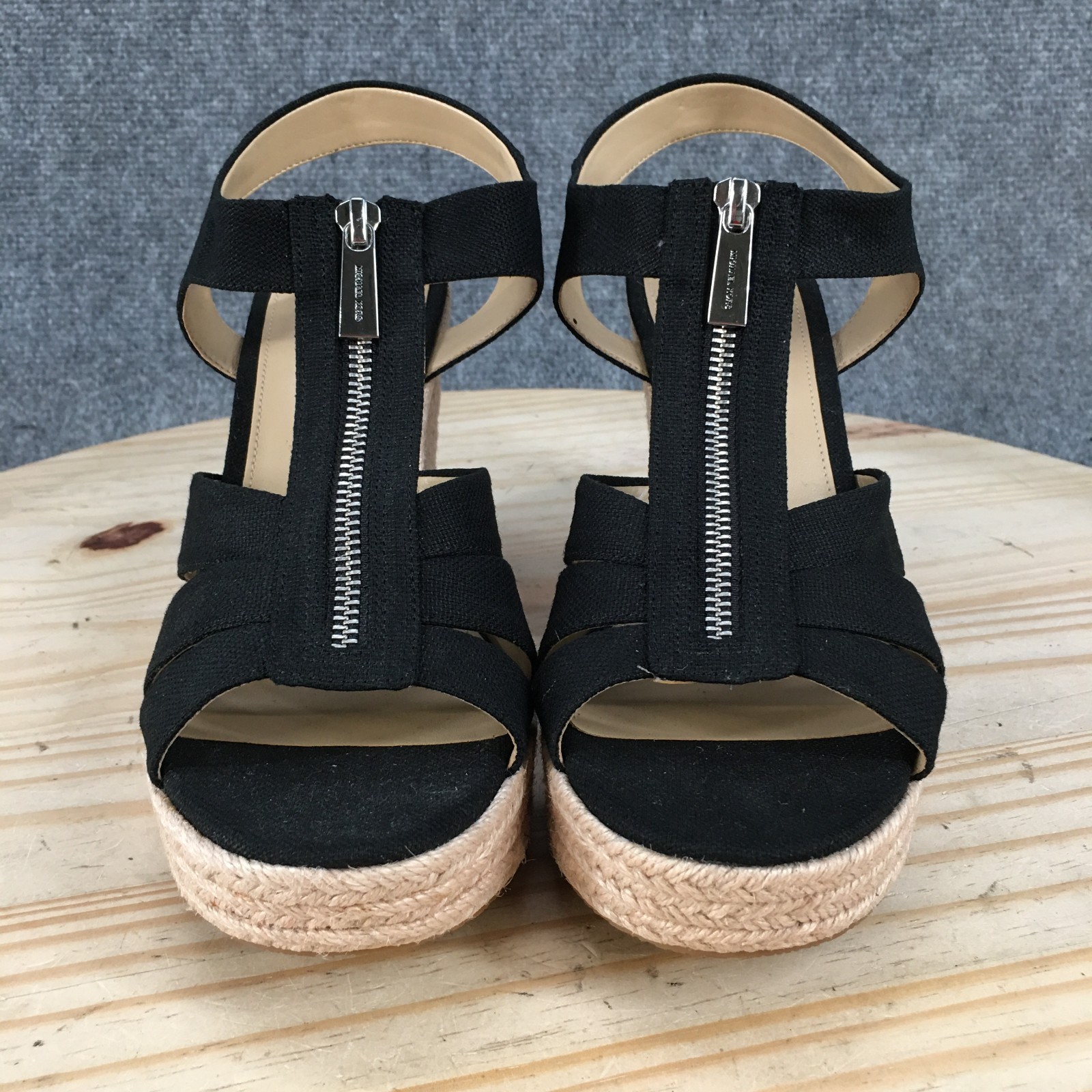 Michael Kors Sandals Womens 9.5 M Black Espadrille Front Zip Wedge Platform Heel