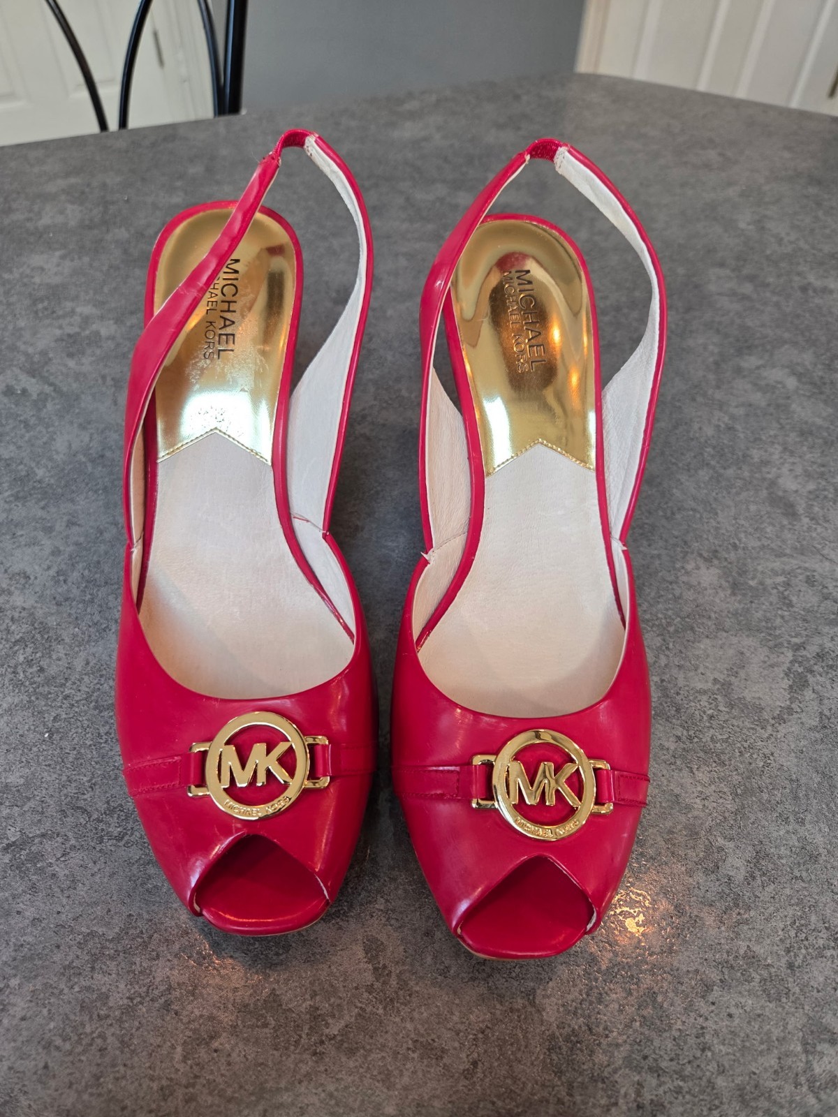 Michael Michael Kors Logo Rochelle Sling Wedge Red 7.5M Patent Leather