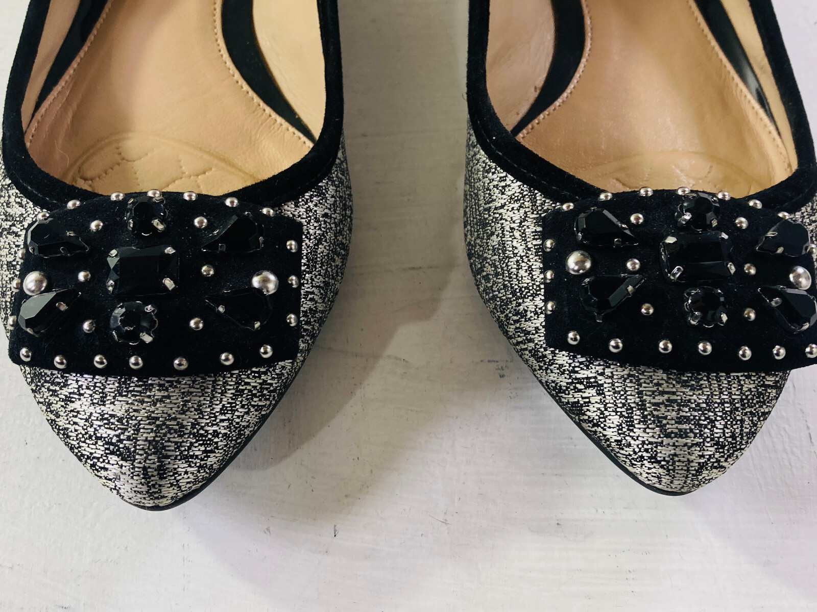 Antonio Melani Black & Silver Flats Silver Studs & Large Black Rhinestones Sz 9