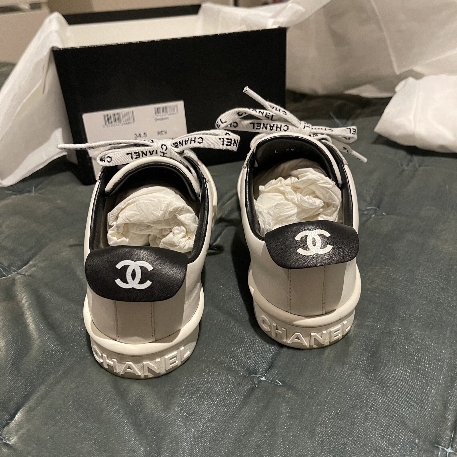 Chanel Logo Pull Tab Lace-up Sneakers White & Black Size 34.5