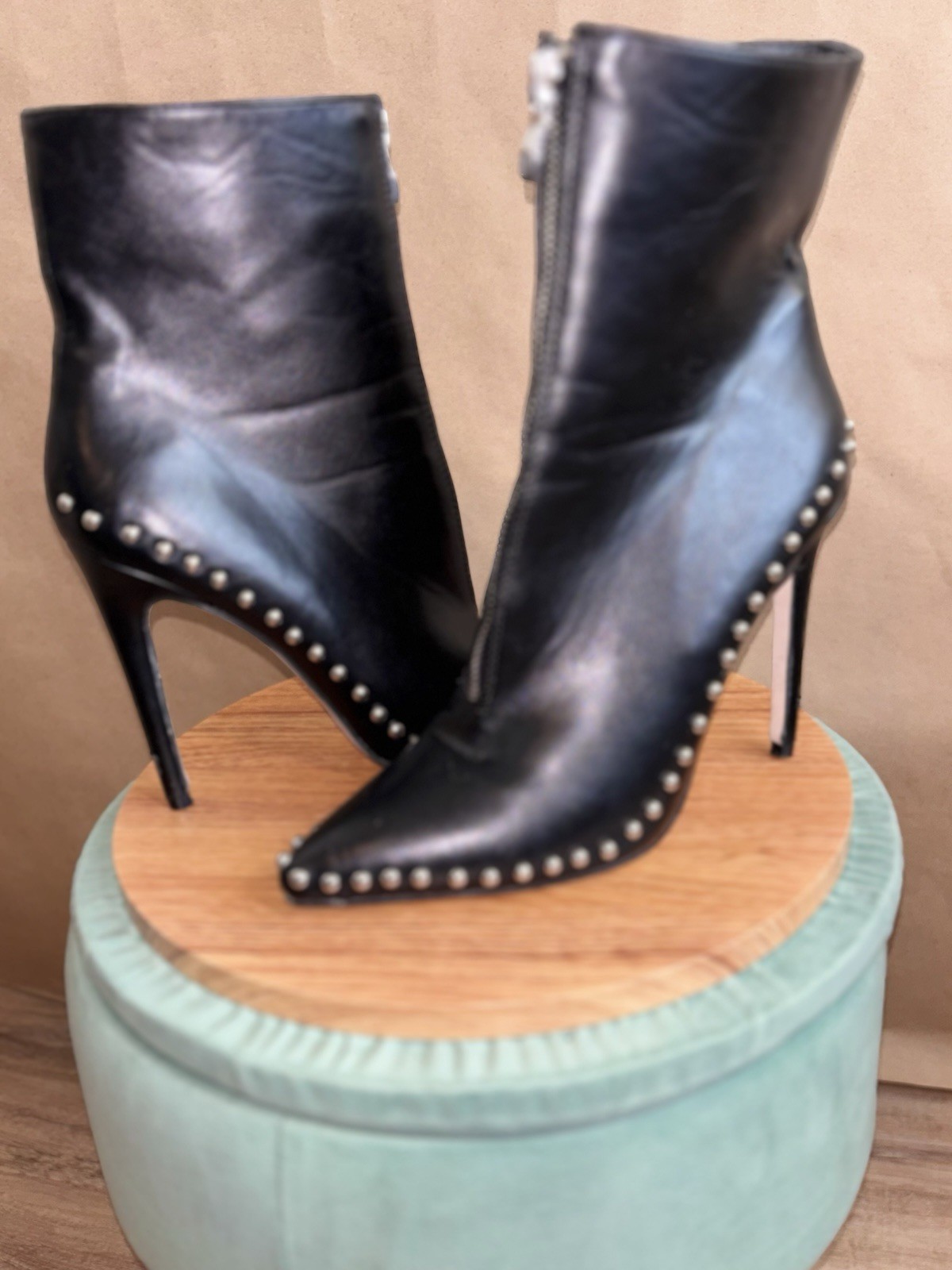 Black Studded Pointed-Toe Zip Front Stiletto Ankle Boots. Size 8