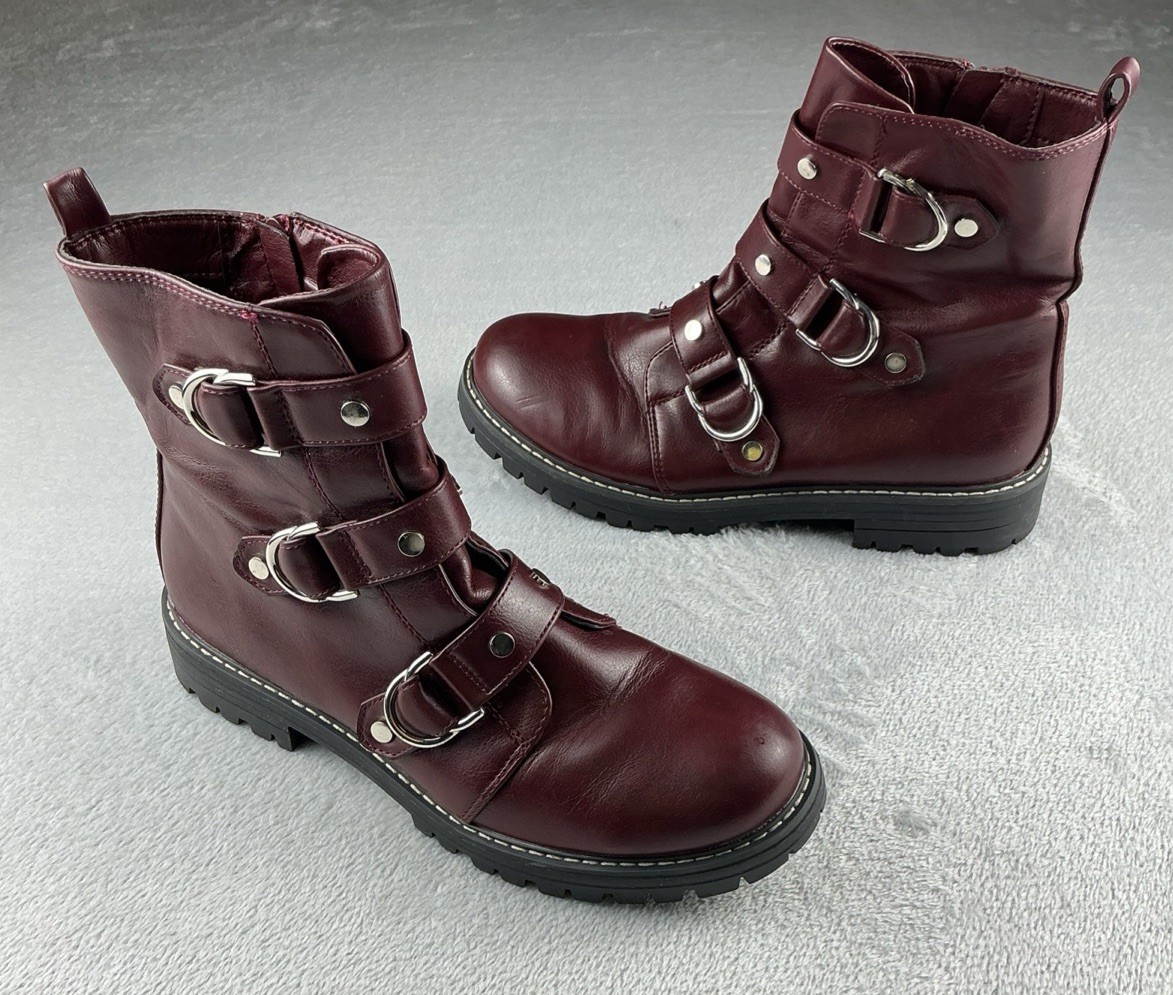 So Wine Red Zipper Faux Leather Combat Boots with Straps Womens Size 9.5 Med.