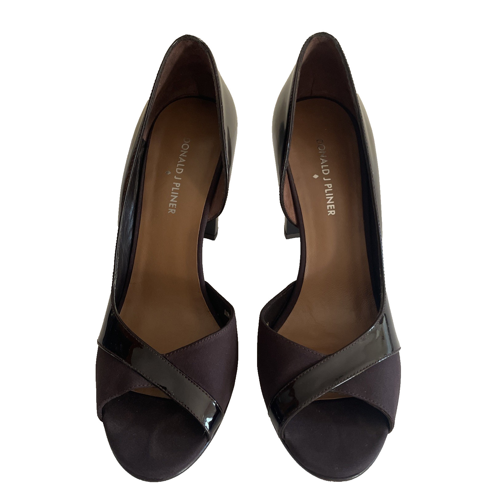 Donald J Pliner Expresso Brown 9.5 Satin & Patent Peep Toe Heels Ombre Cone Heel