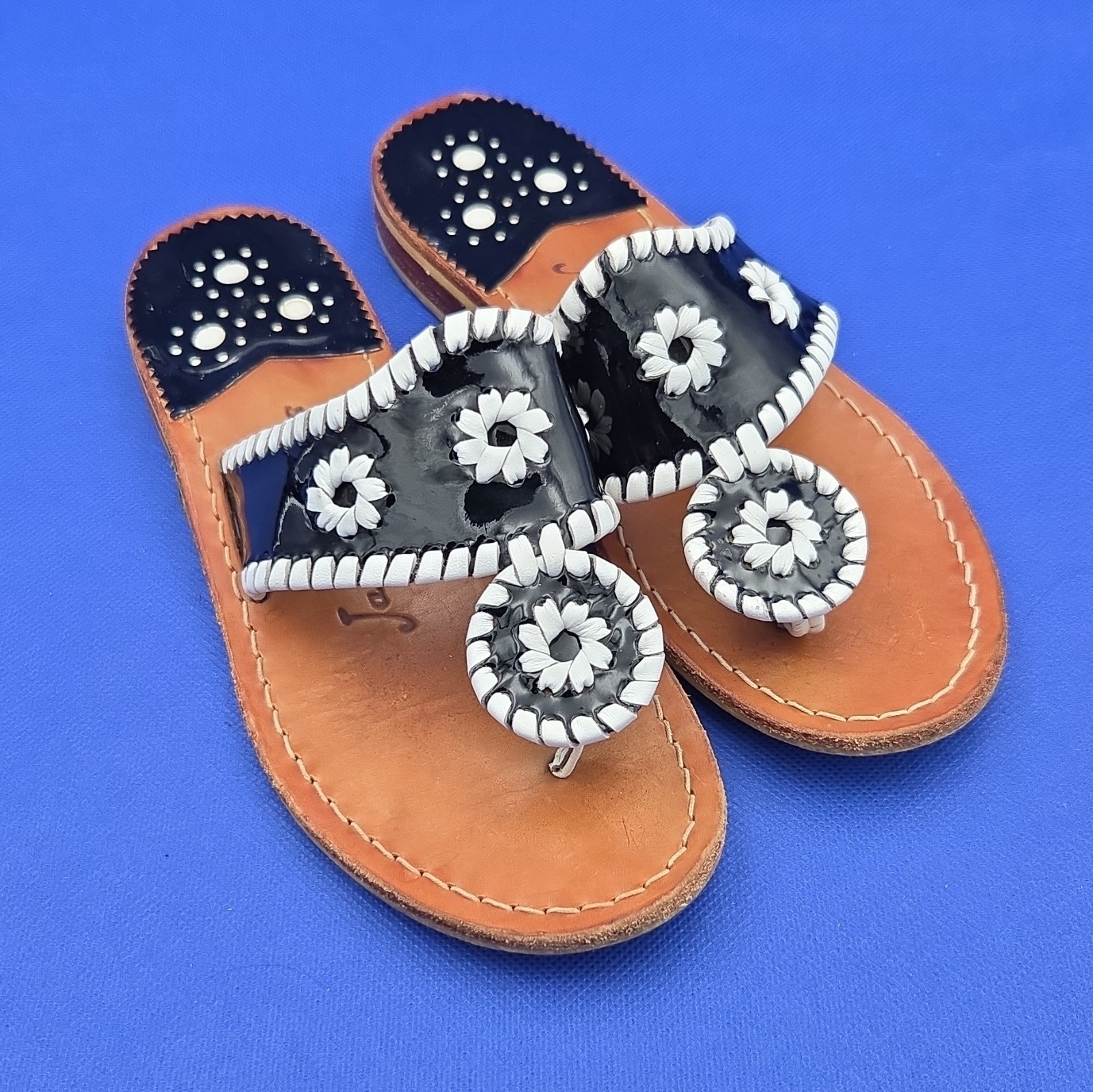 Jack Rogers Navajo Stitched Leather Sandals Dark Navy and White SZ 5