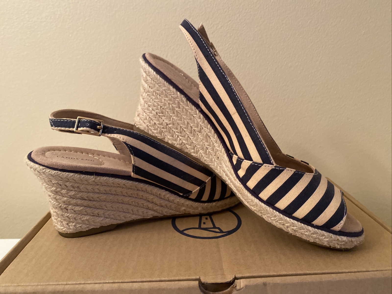 Lands End Mid Wedge Sandal Deep Sea Navy Beige Stripe Womens 8M Presley