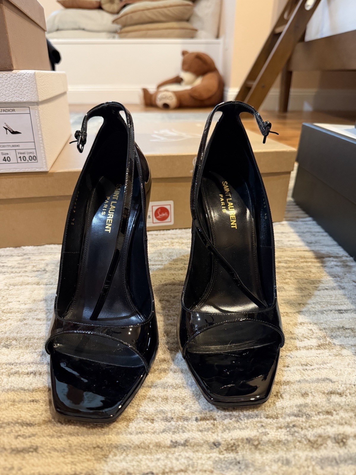 Saint Laurent Black Patent Leather Square Toe Ankle Strap Heels, Size 40