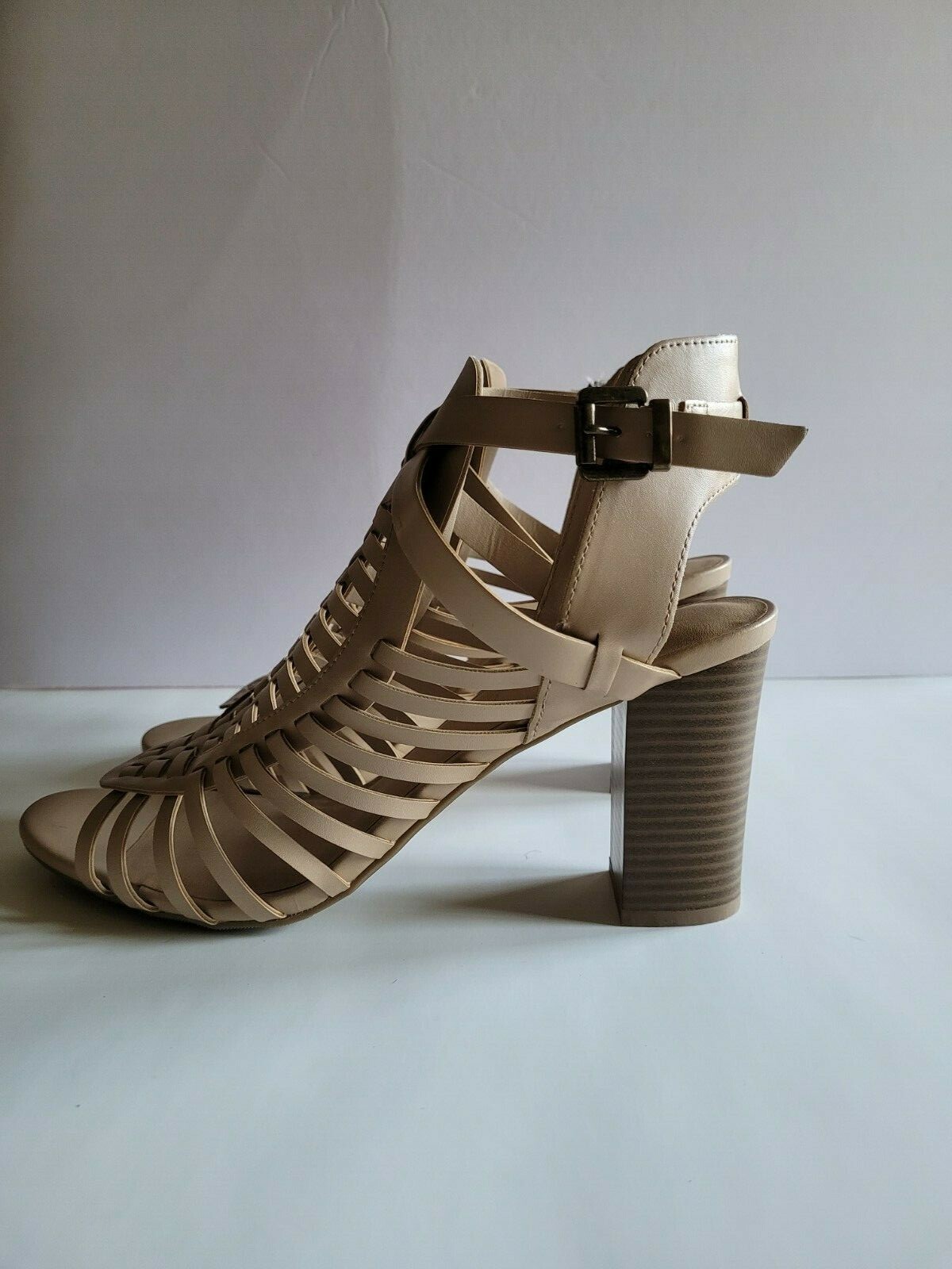 American Eagle Beige Cage Heeled Sandals With Buckle S11 Open Toes -3.25in heel