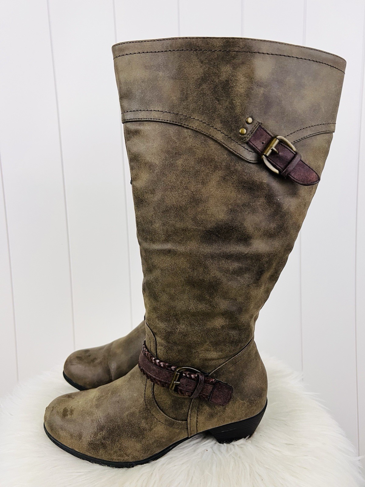 It’s OK Tempest Distressed Brown Vegan Leather Tall Riding Boots Wide Calf 8.5W