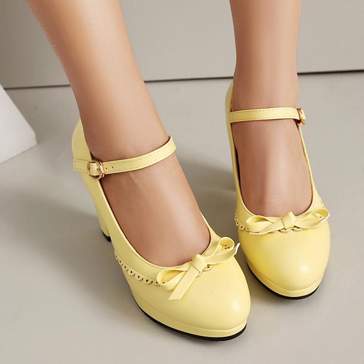 Women’s Block Heel Buckle Bow Mary Jane Casual Pump Sweet Ankle Strap Work Shoes