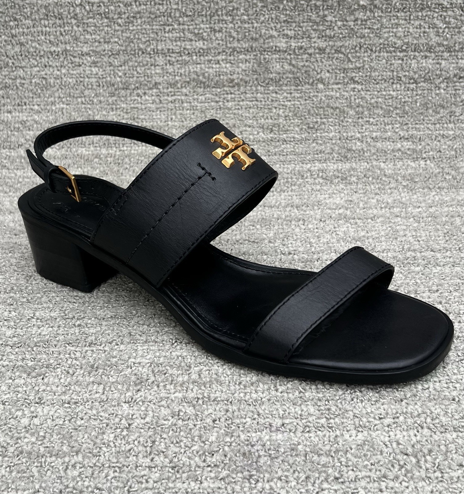 TORY BURCH Eleanor Block Heel Black Leather Sandals Women’s Size 10 US