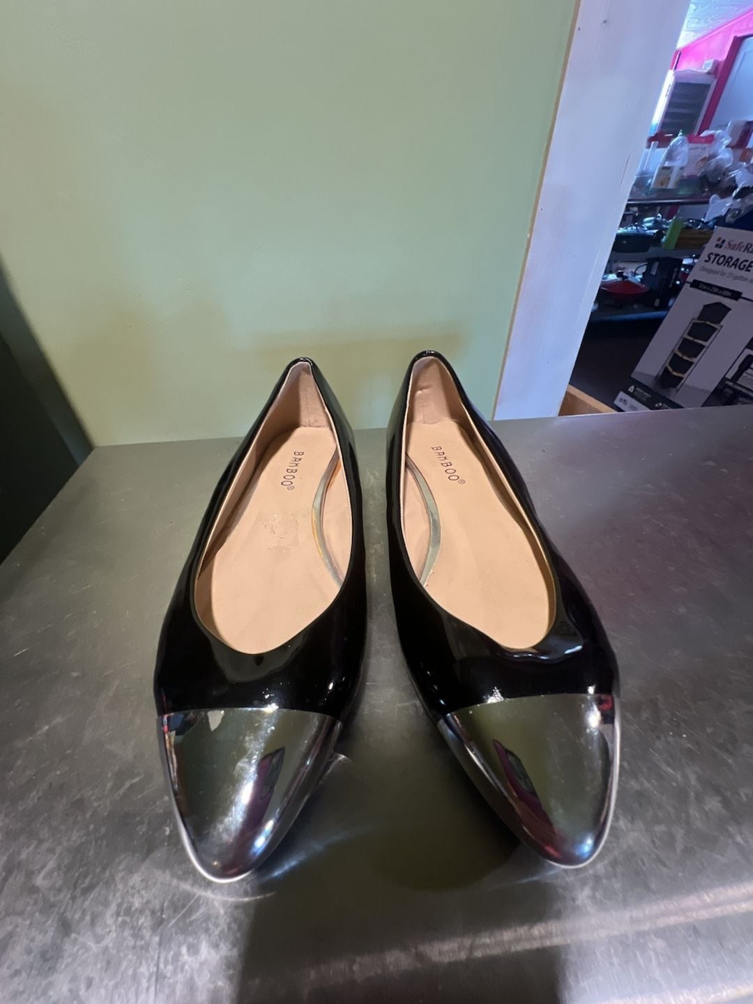 Bamboo Black Patent Pointed Toe Flats with Metallic Silver Cap Toe