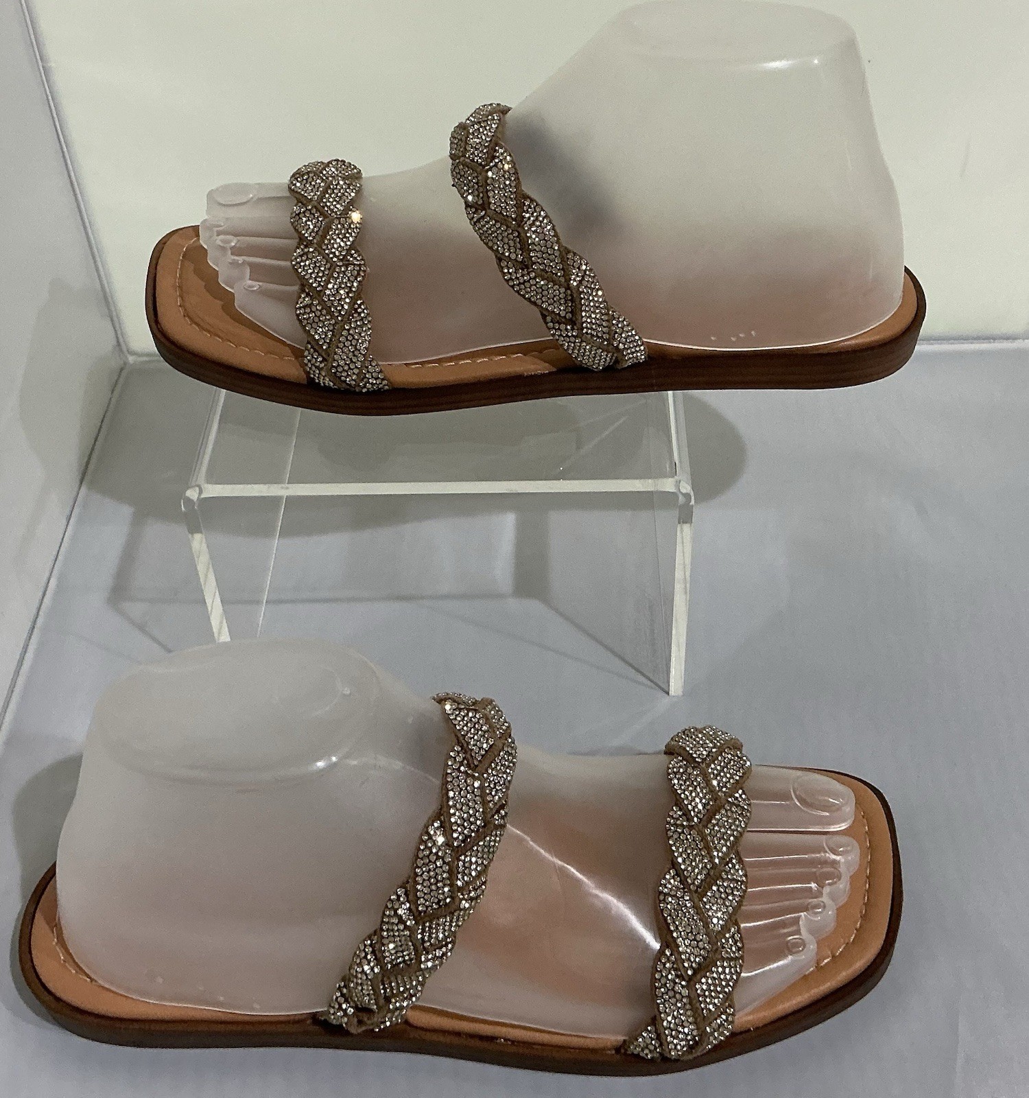 Mariella Made in Italy Women’s Rhinestone Braided Slide Sandals Taupe Bronze 7.5