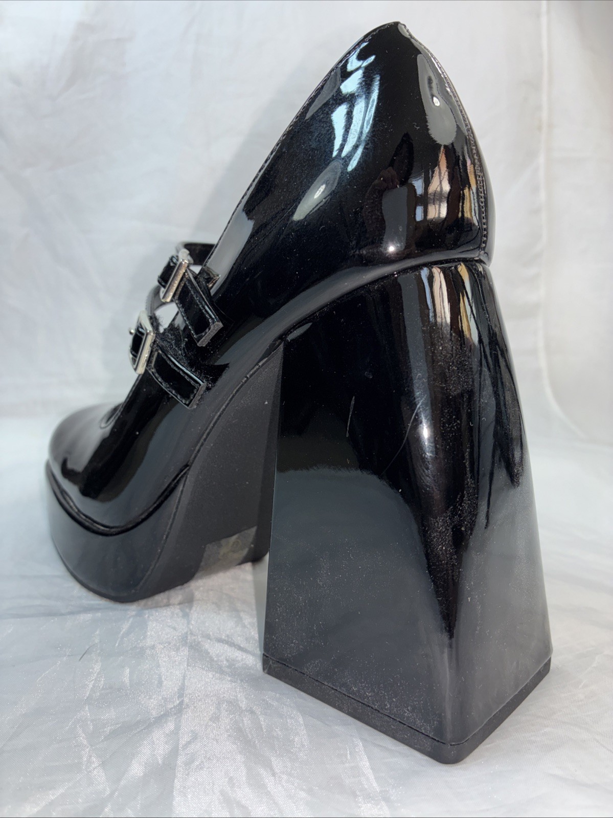 SODA-SOLANA 2 BAND PLATFORM PUMP PATENT MARY JANES Big 4.5″ Hi-Chunky Block Heel
